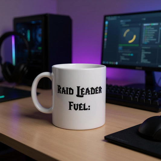 White mug with 'RAID LEADER FUEL:' text on a desk with computer equipment.