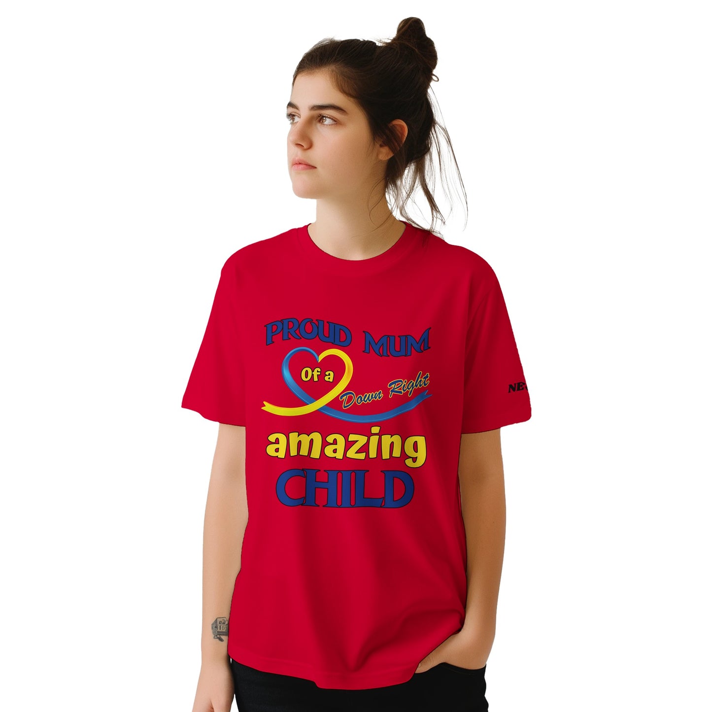 down syndrome, proud mum shirt, wearing a red t-shirt with colorful text and graphics on a white background