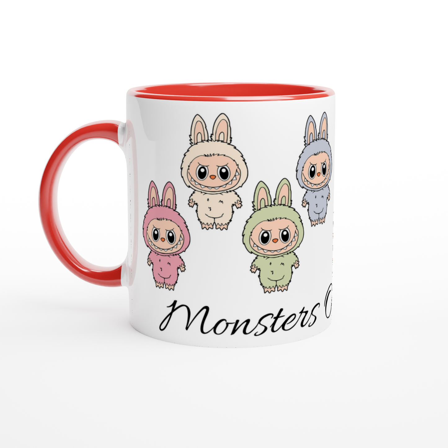 Mug with cartoon labubu monsters in colorful costumes on a white background