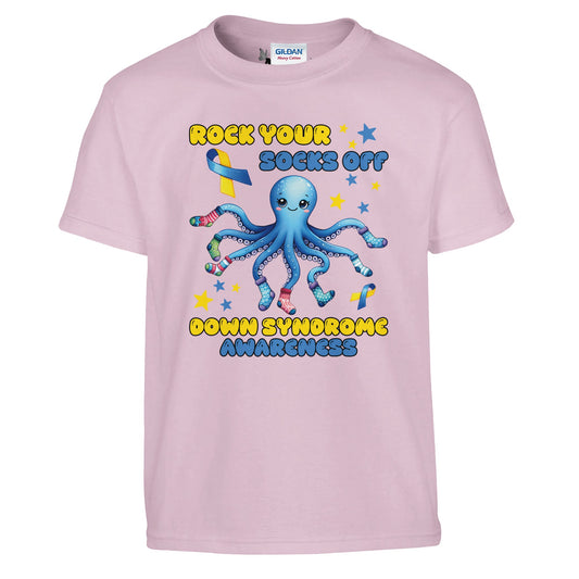 Pink kids t-shirt with a blue octopus graphic and text Rock your socks about Down Syndrome awareness on a white background.