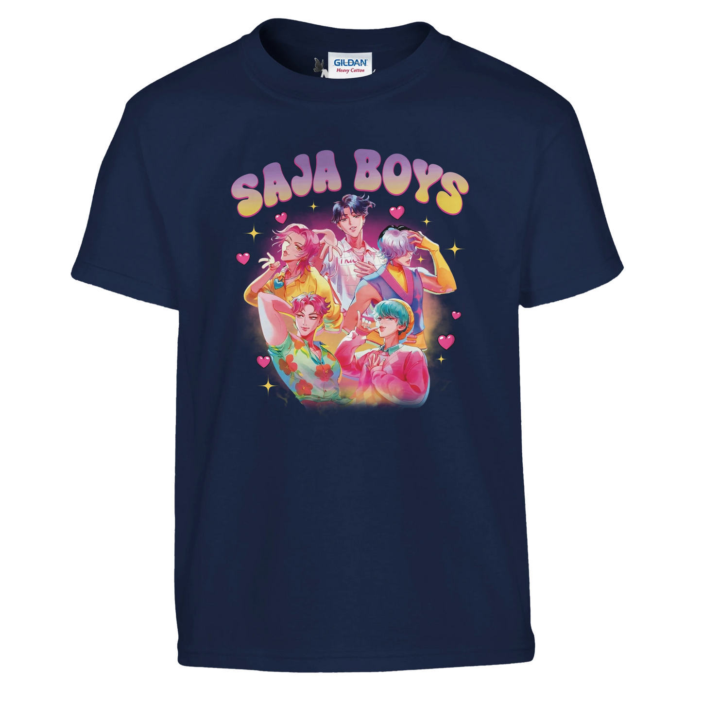 Navy blue t-shirt with colorful graphic and 'Saja Boys' text on a white background