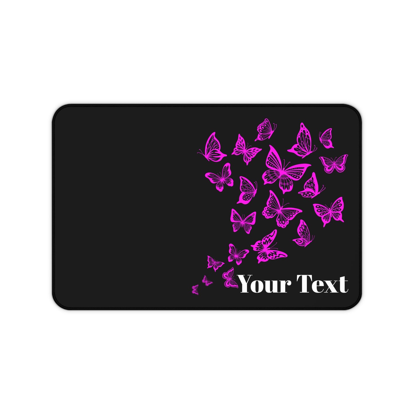Black card with pink butterflies and 'Your Text' placeholder on a white background