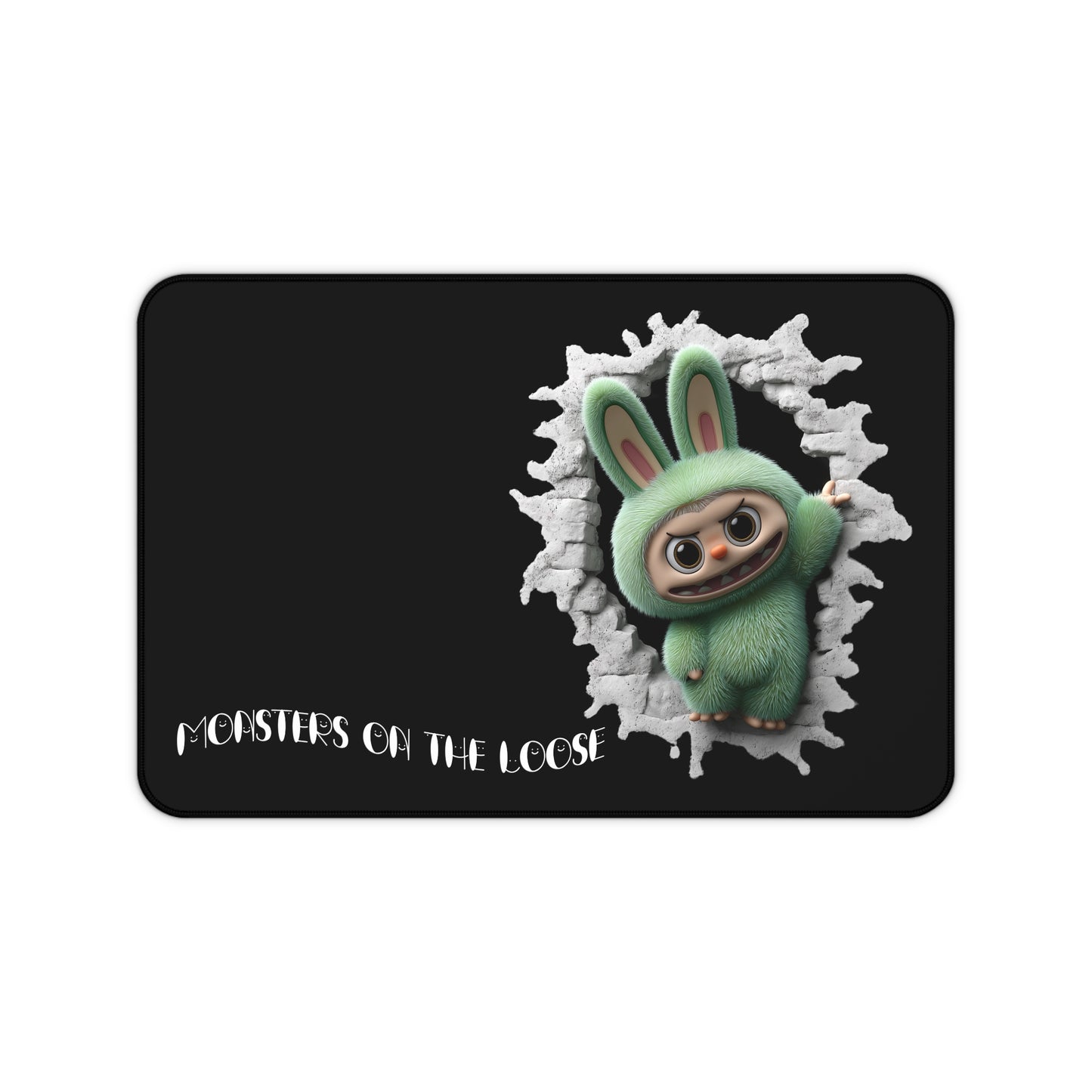 Green monster in a bunny costume on a black background with 'Monsters on the Loose' text.