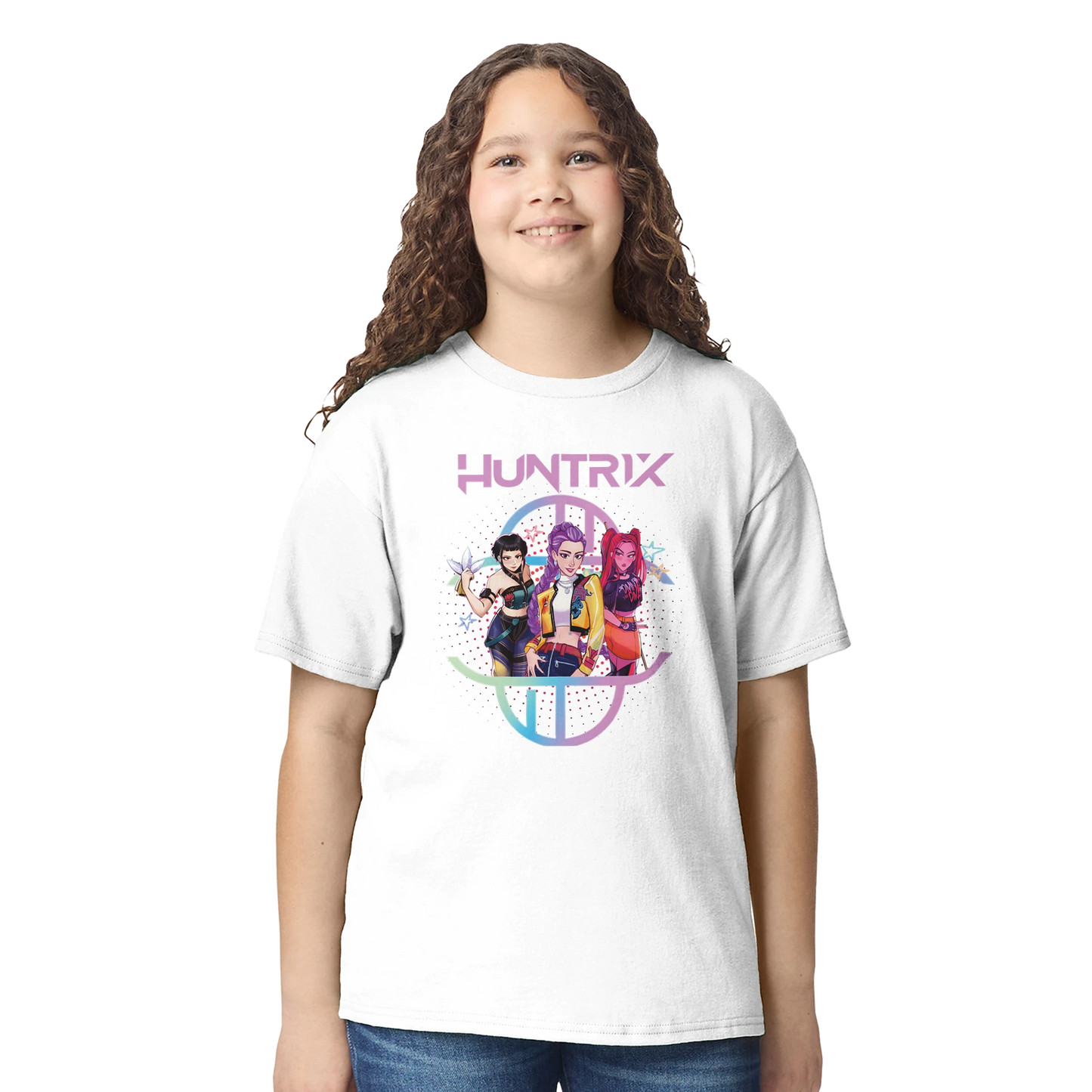 Girl wearing a white t-shirt with 'HUNTRIX' design on a white background