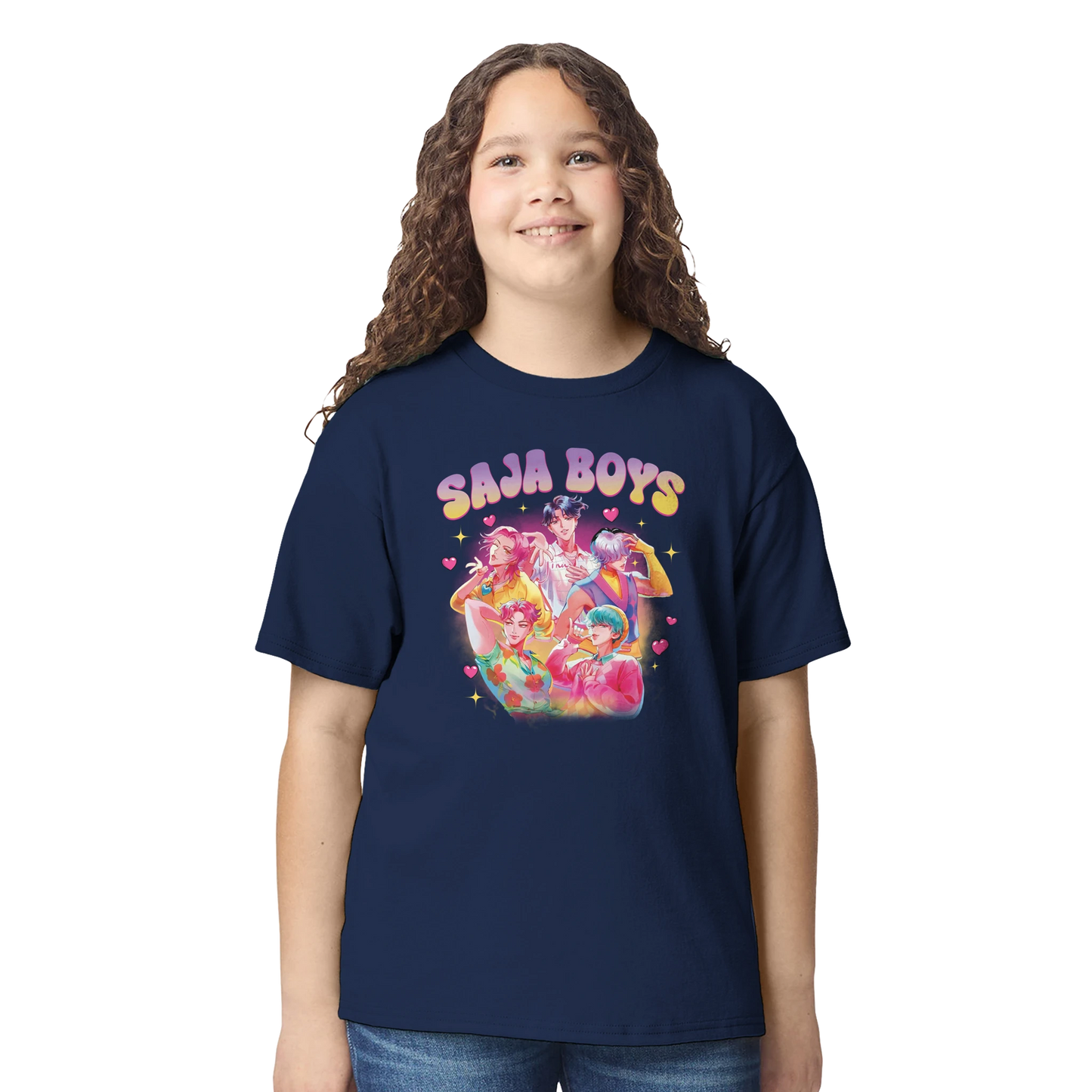 Child wearing a navy blue t-shirt with 'Saja Boys' graphic design on a white background