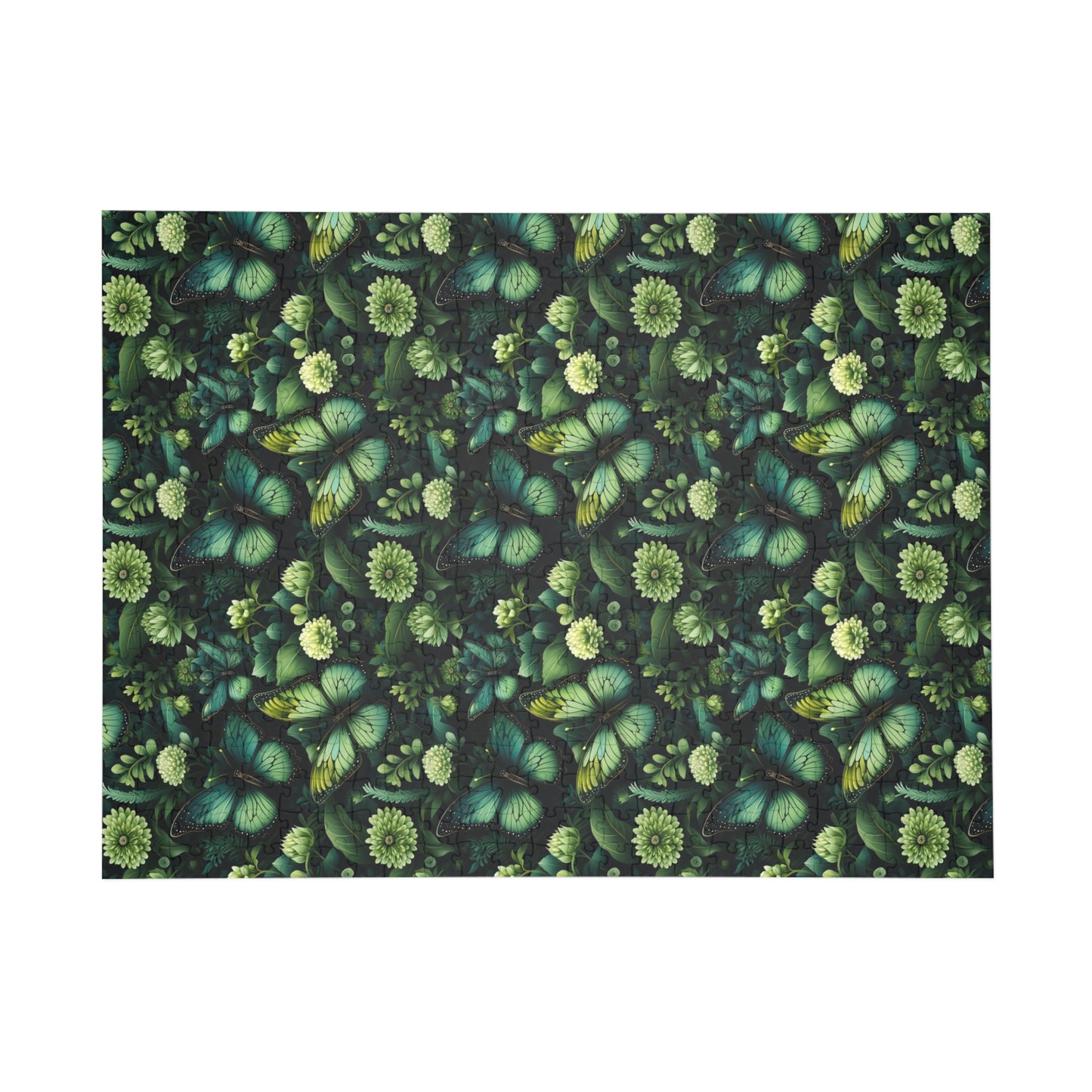 Patterned fabric with green leaves and flowers on a black background