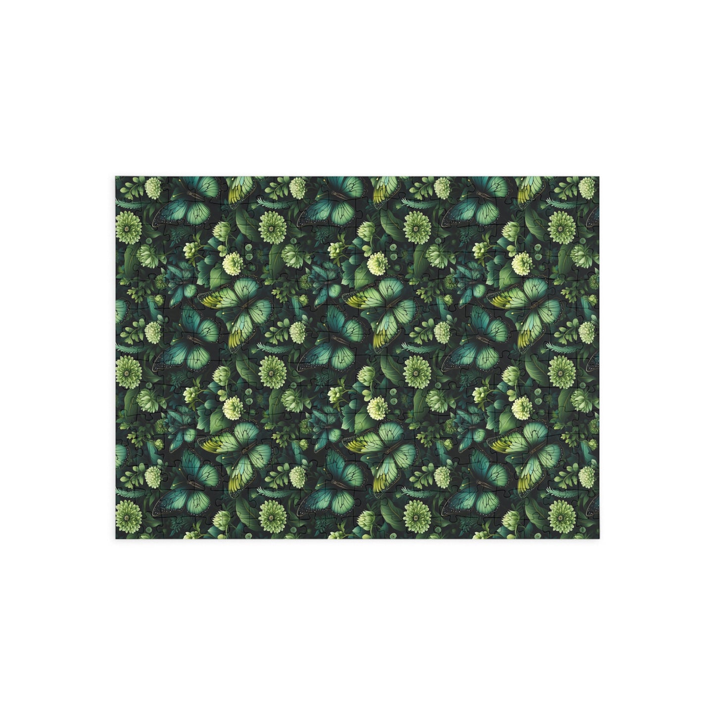 Patterned fabric with green leaves and flowers on a dark background