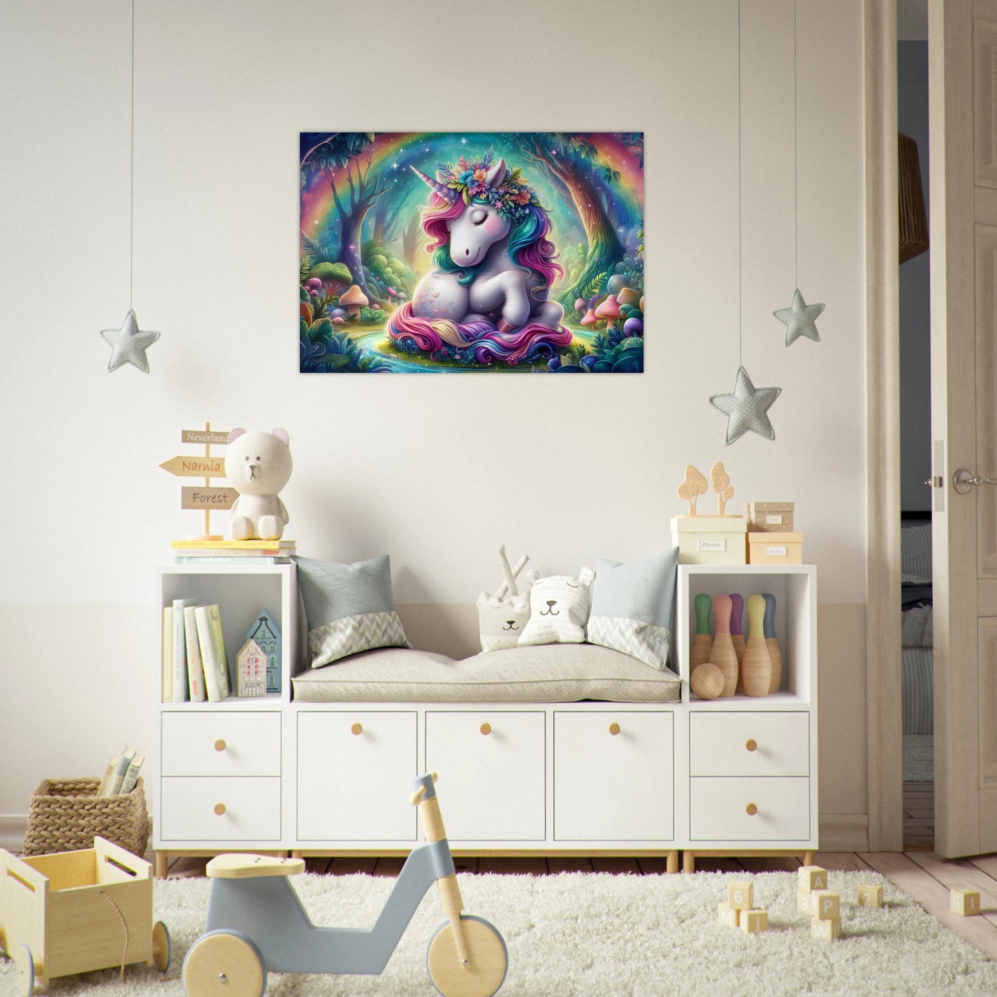 Colorful unicorn poster on a wall in a child's, baby room with toys and furniture.
