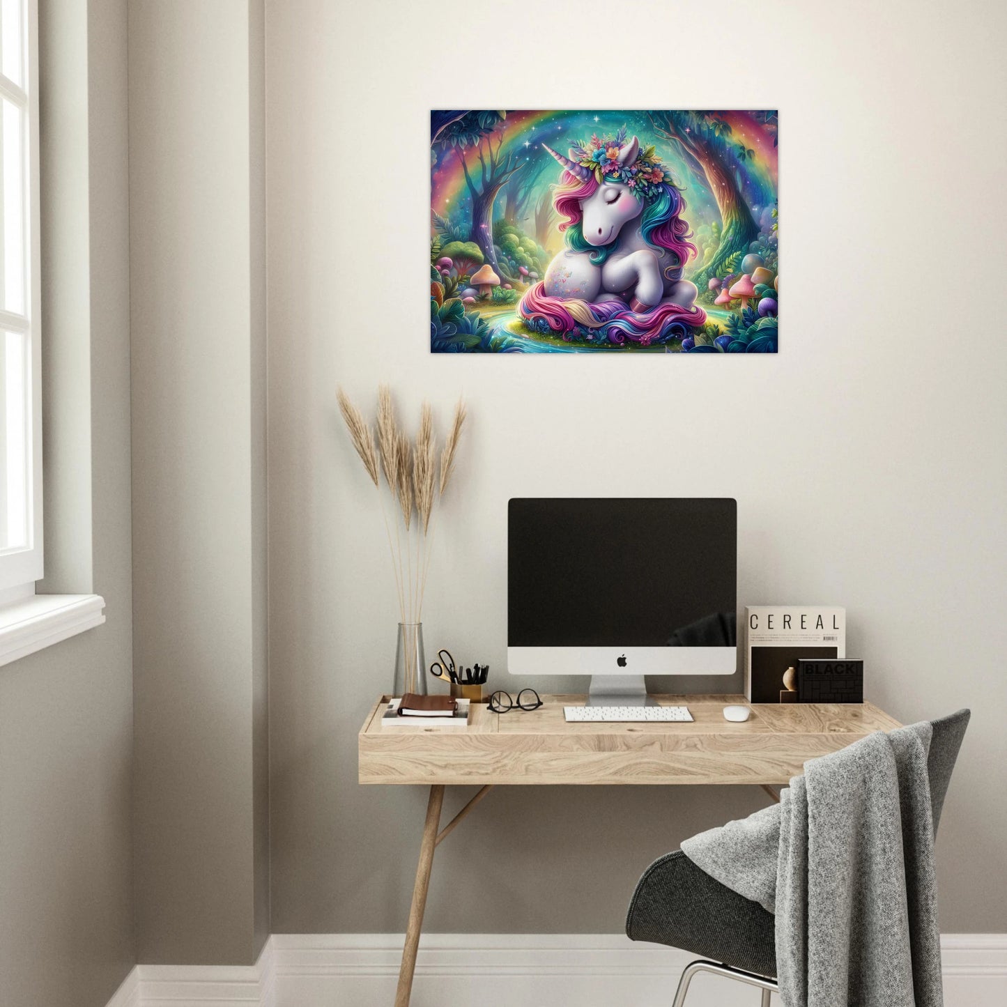 Colorful unicorn artwork on a wall above a desk with a computer setup.
