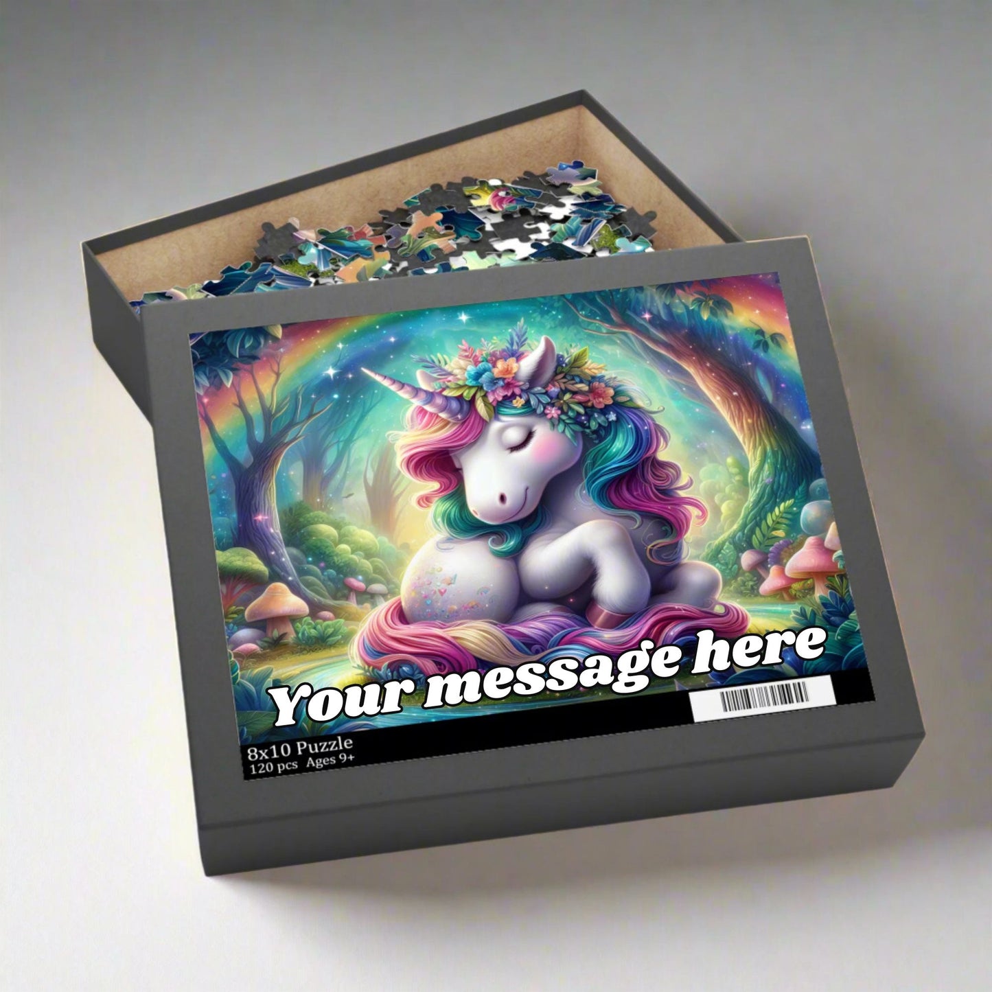 Jigsaw puzzle box with a unicorn design and customizable text on a gray background