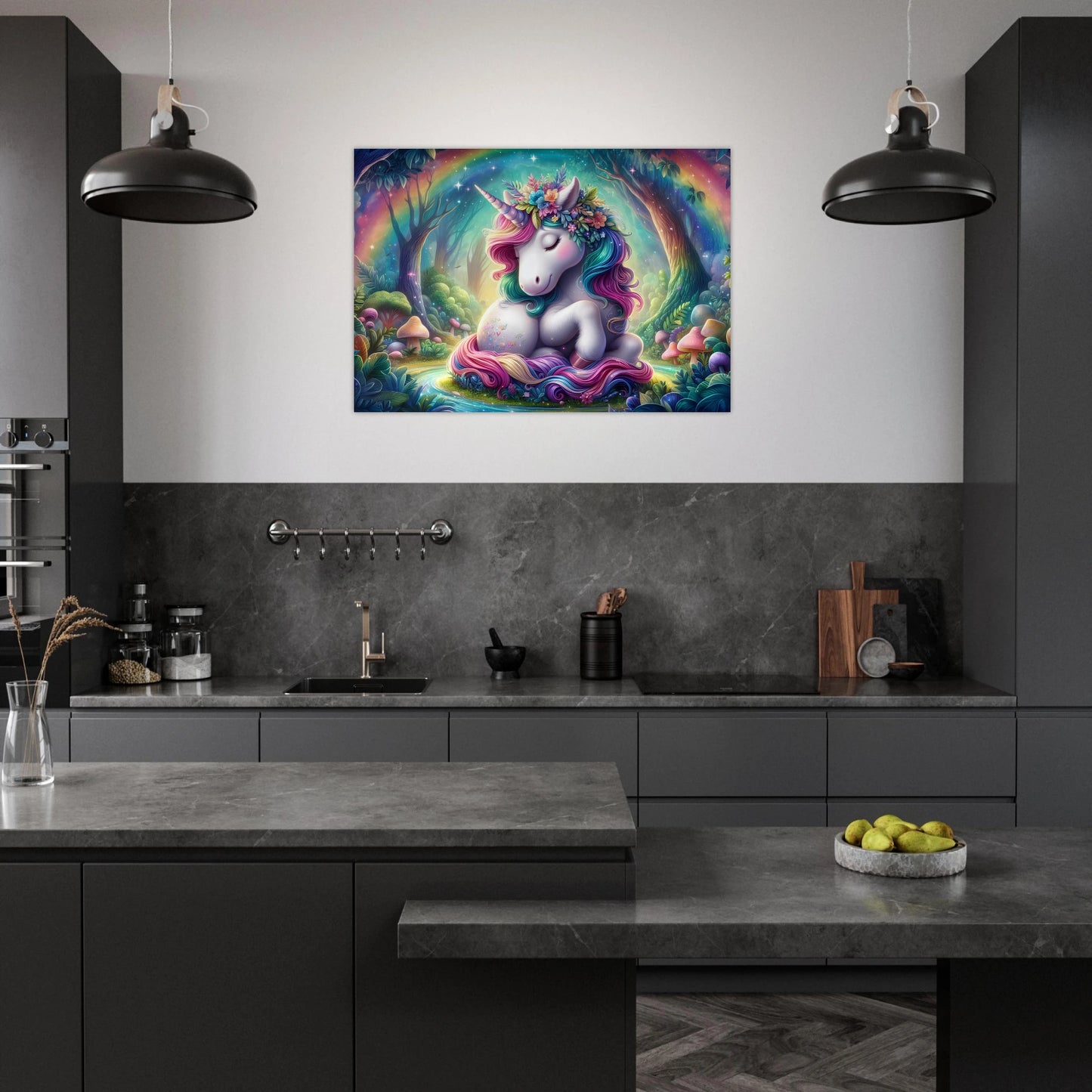 Colorful unicorn painting on a wall in a modern kitchen.