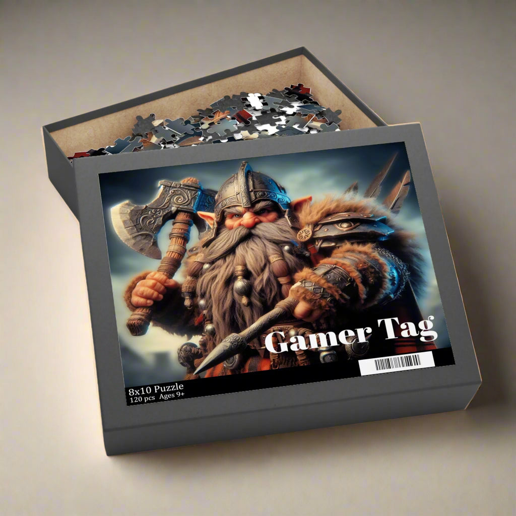 dwarf-themed puzzle in a box with 'Gamer Tag' branding on a white background