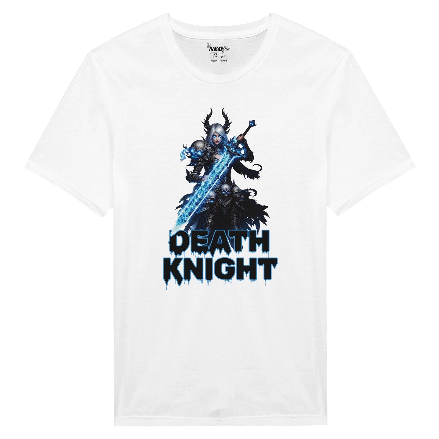 White t-shirt with a 'Death Knight' graphic design featuring a character with a sword on a white background, Unisex t-shirt, World of warcaft gift