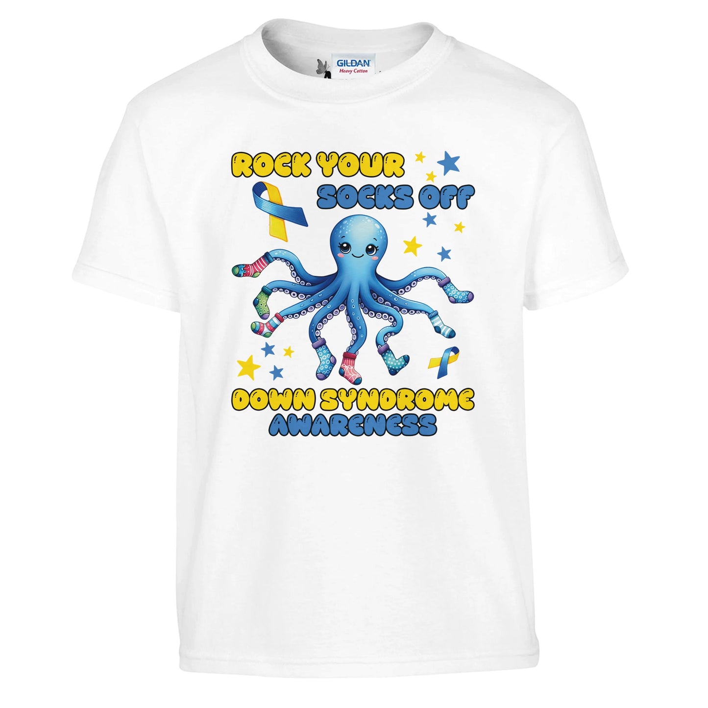 White kids t-shirt with a blue octopus graphic and rock your socks text about Down Syndrome awareness on a white background