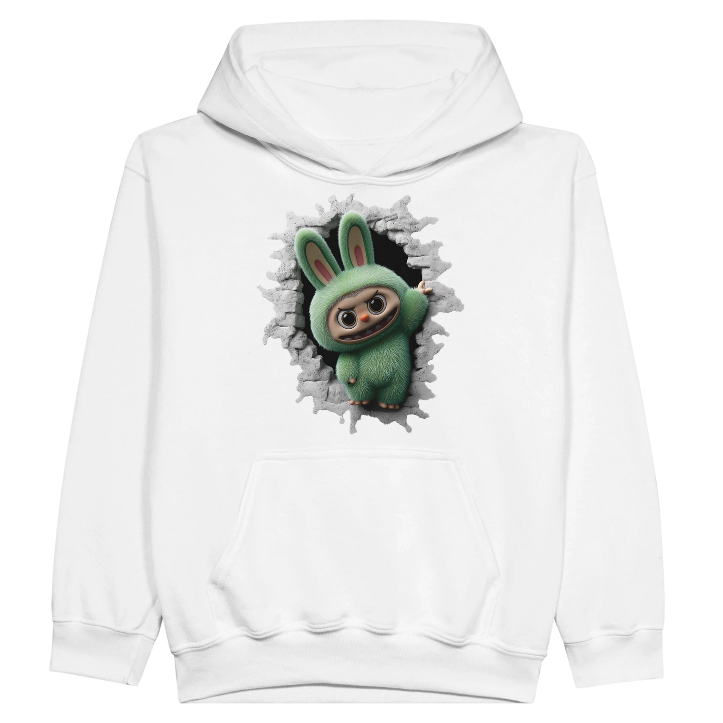 White hoodie with a cartoon labubu monster character design on the back against a white background