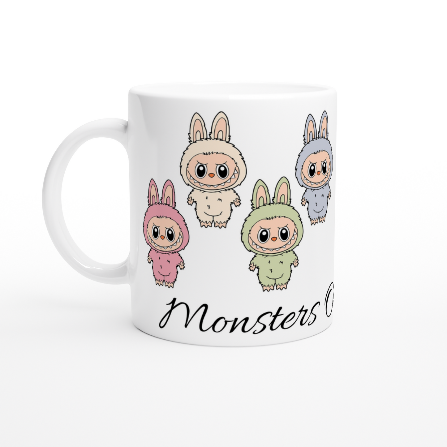 White mug with cartoon characters in colorful costumes and 'Monsters' text on a white background