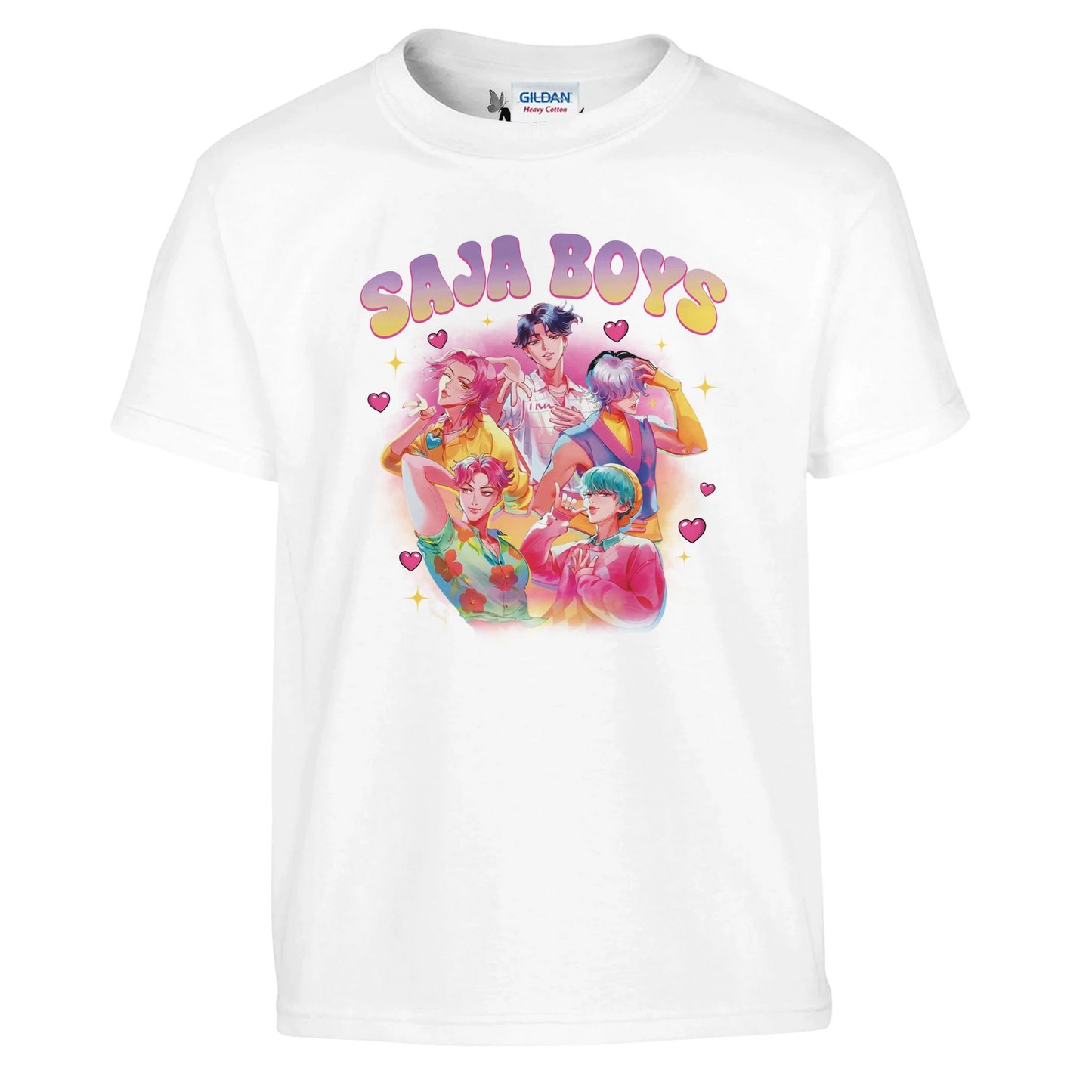 White t-shirt with colorful graphic design and 'Saja Boys' text on a white background