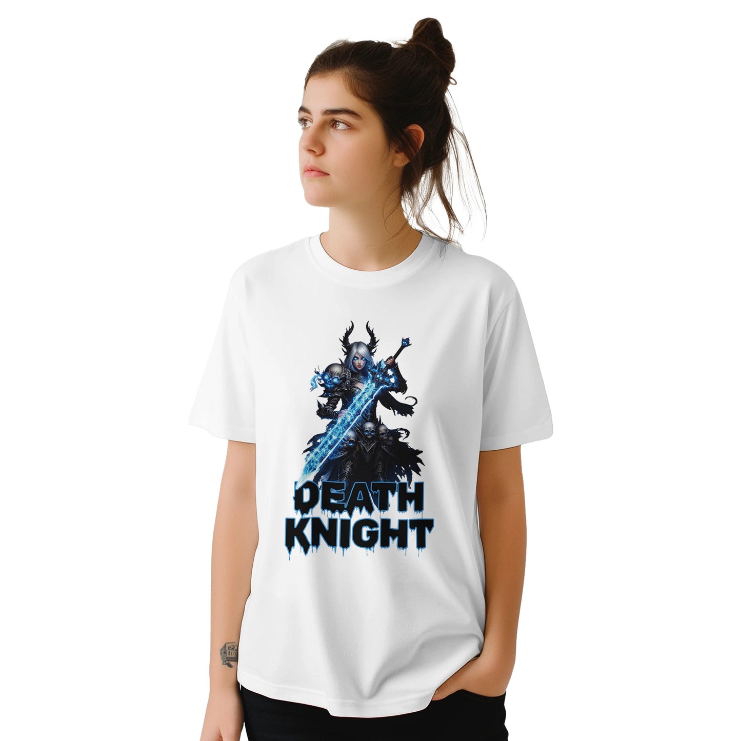 Woman wearing a white t-shirt with a 'Death Knight' design on a white background, world of warcraft shirt