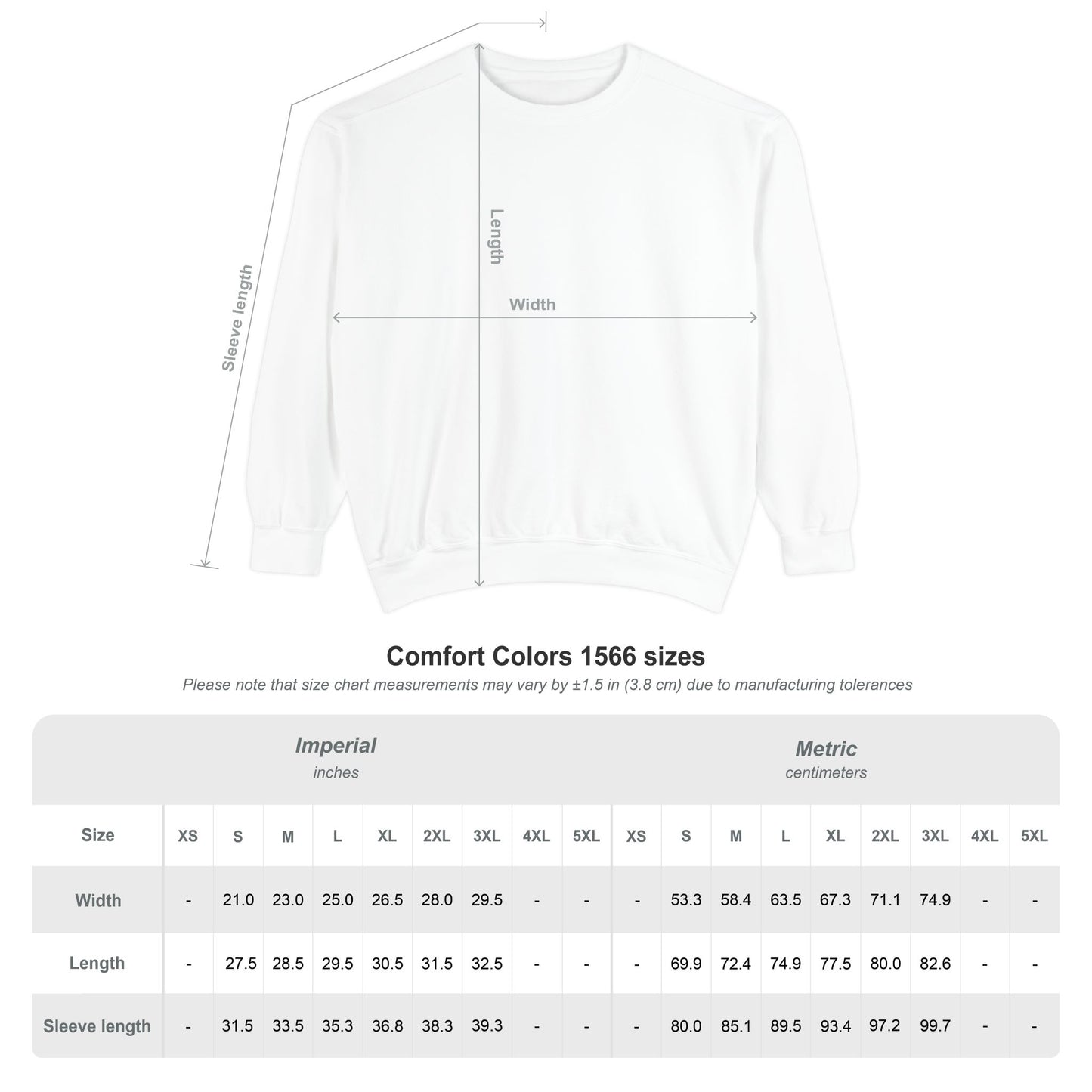 Measurement chart for a comfort colors sweatshirt with dimensions labeled on a white background