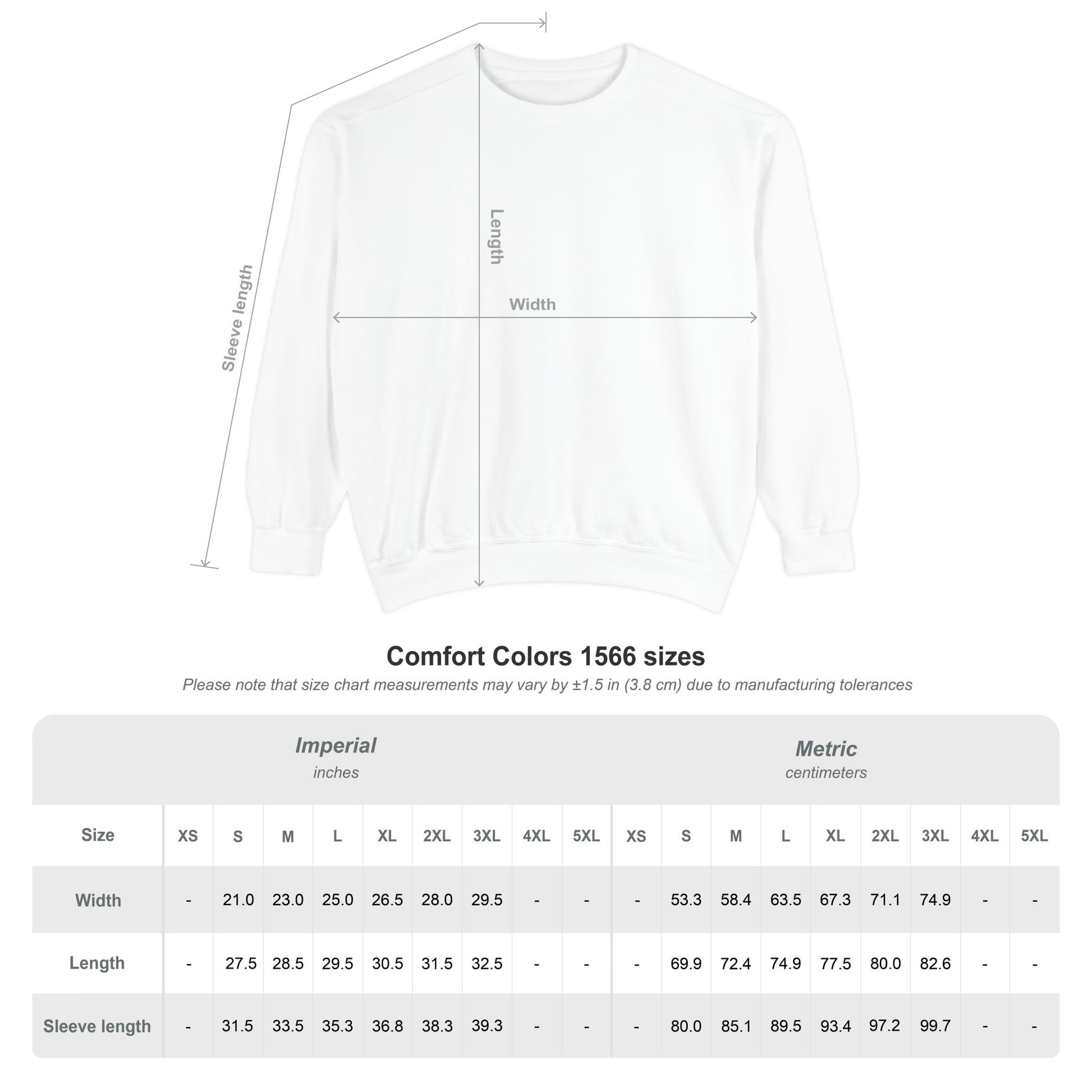 Measurement chart for a comfort colors sweatshirt with dimensions labeled on a white background