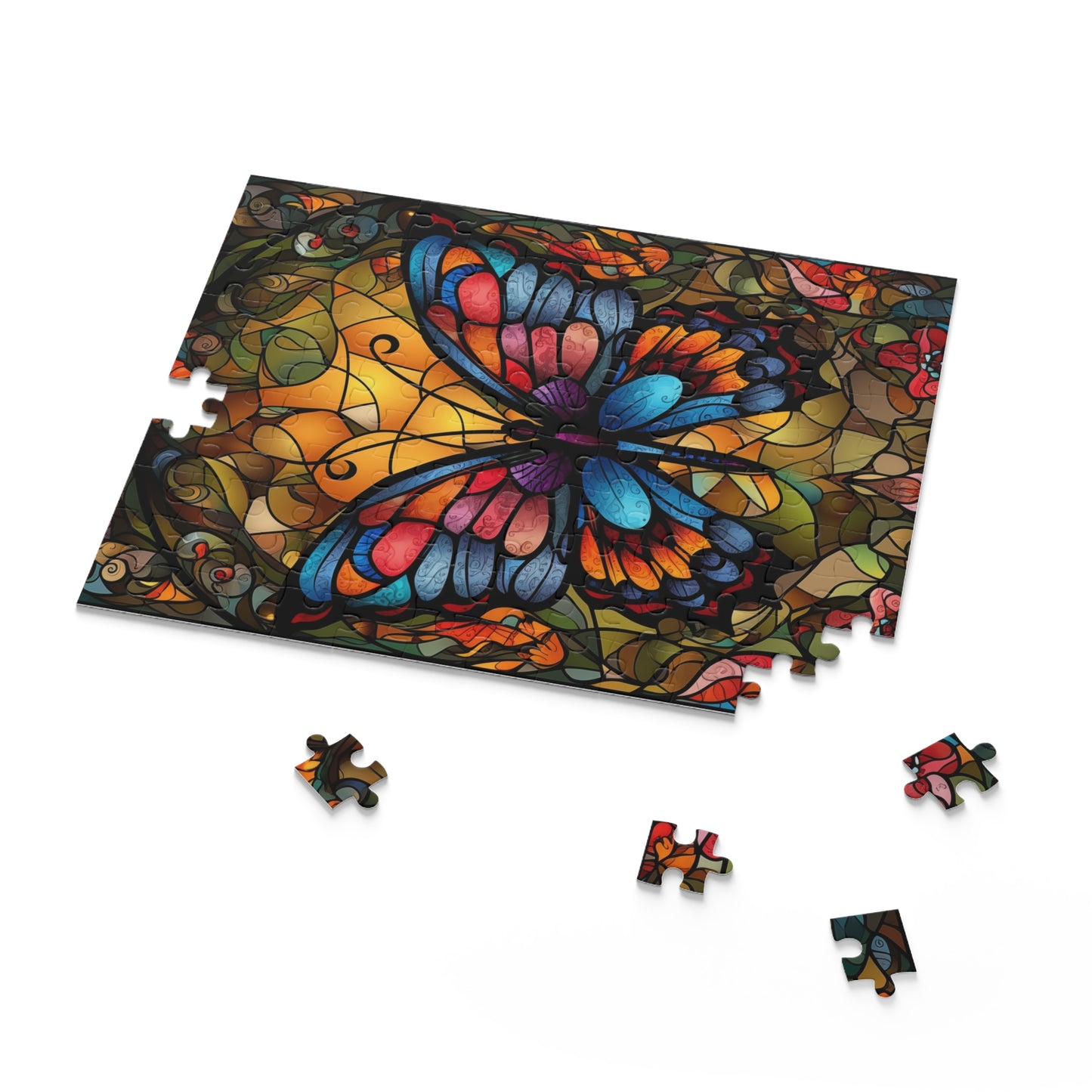 Colorful butterfly-themed puzzle with missing pieces on a white background