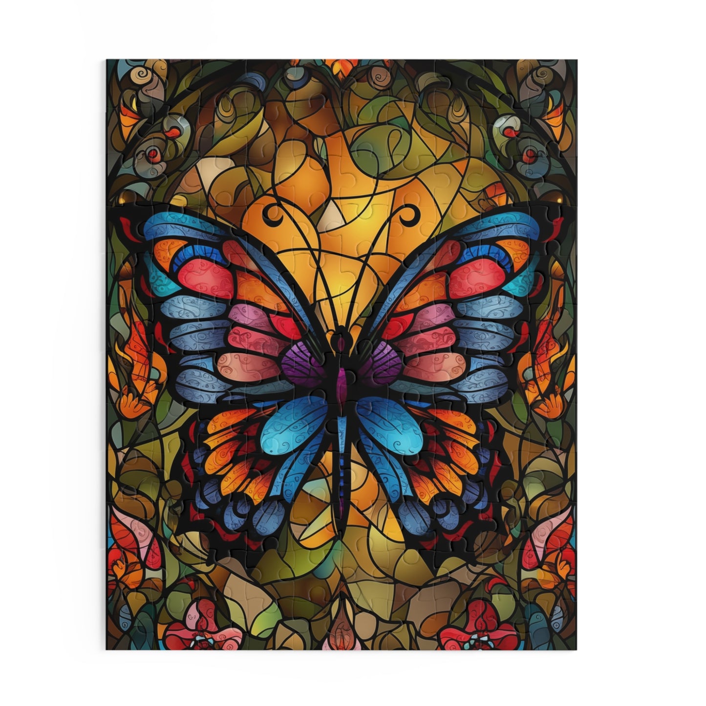 Colorful butterfly design on a stained glass style background
