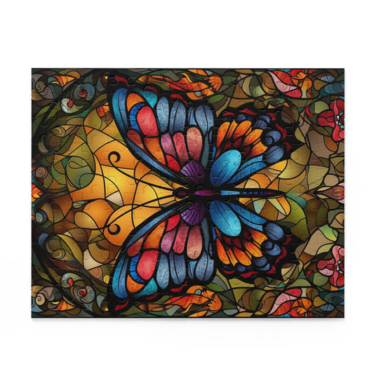 Colorful butterfly design on a stained glass pattern background