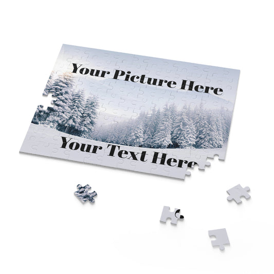 120pcs custom Jigsaw puzzle with a snowy landscape design on a white background with text 'YOUR PHOTO HERE'