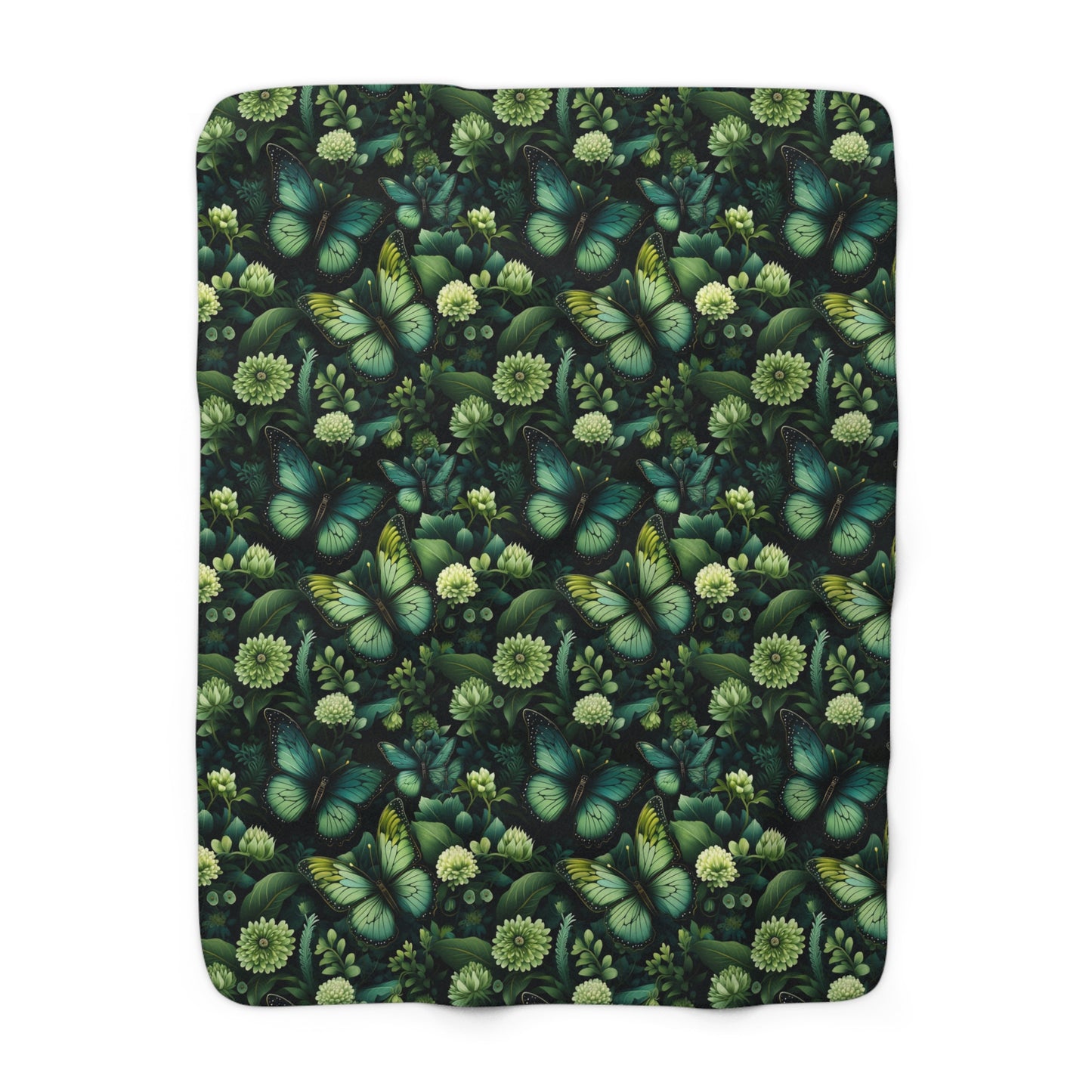 Green Sherpa Fleece Blanket Butterflies Flowery Pattern Design Cozy Throw