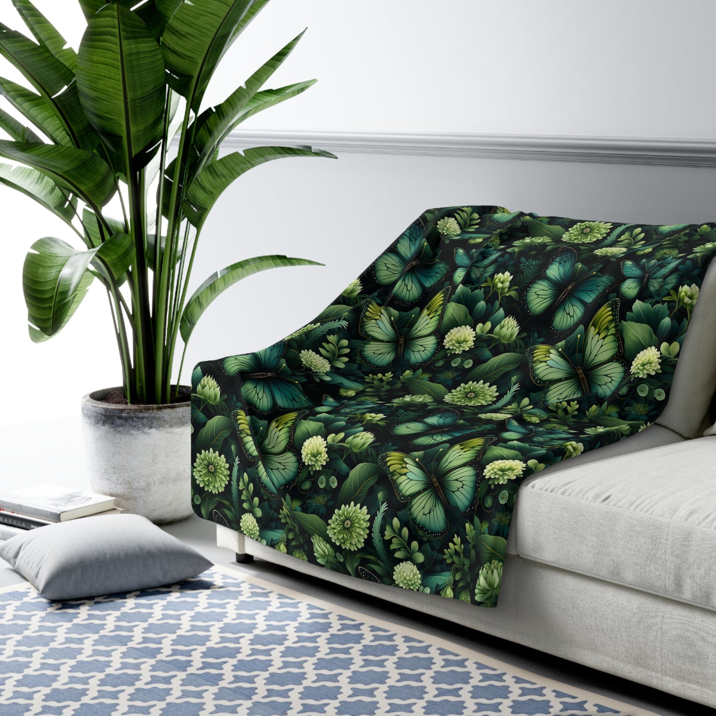 Green Sherpa Fleece Blanket Butterflies Flowery Pattern Design Cozy Throw