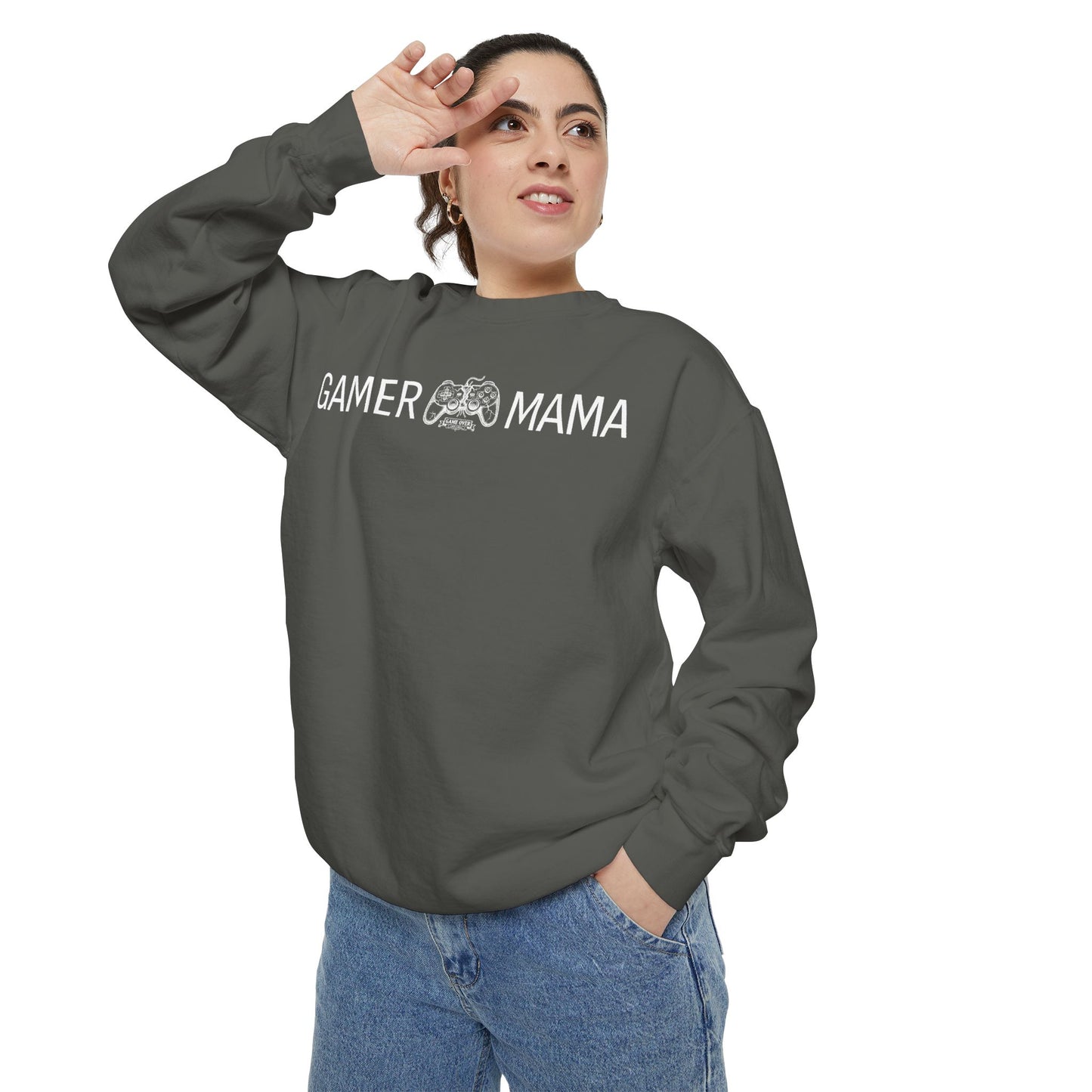 Woman wearing a gray sweatshirt with 'Gamer Mama' text on a white background