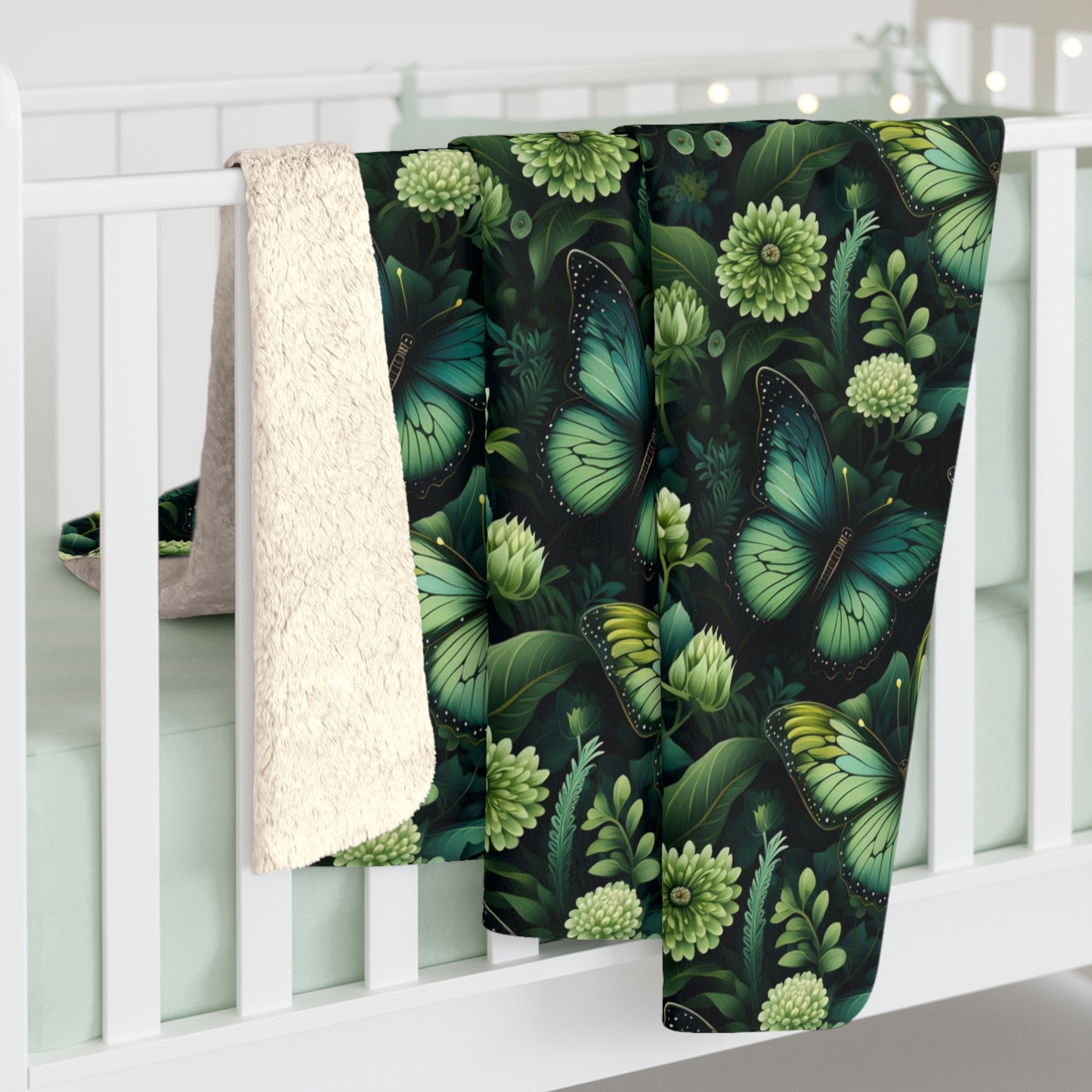 Green Sherpa Fleece Blanket Butterflies Flowery Pattern Design Cozy Throw