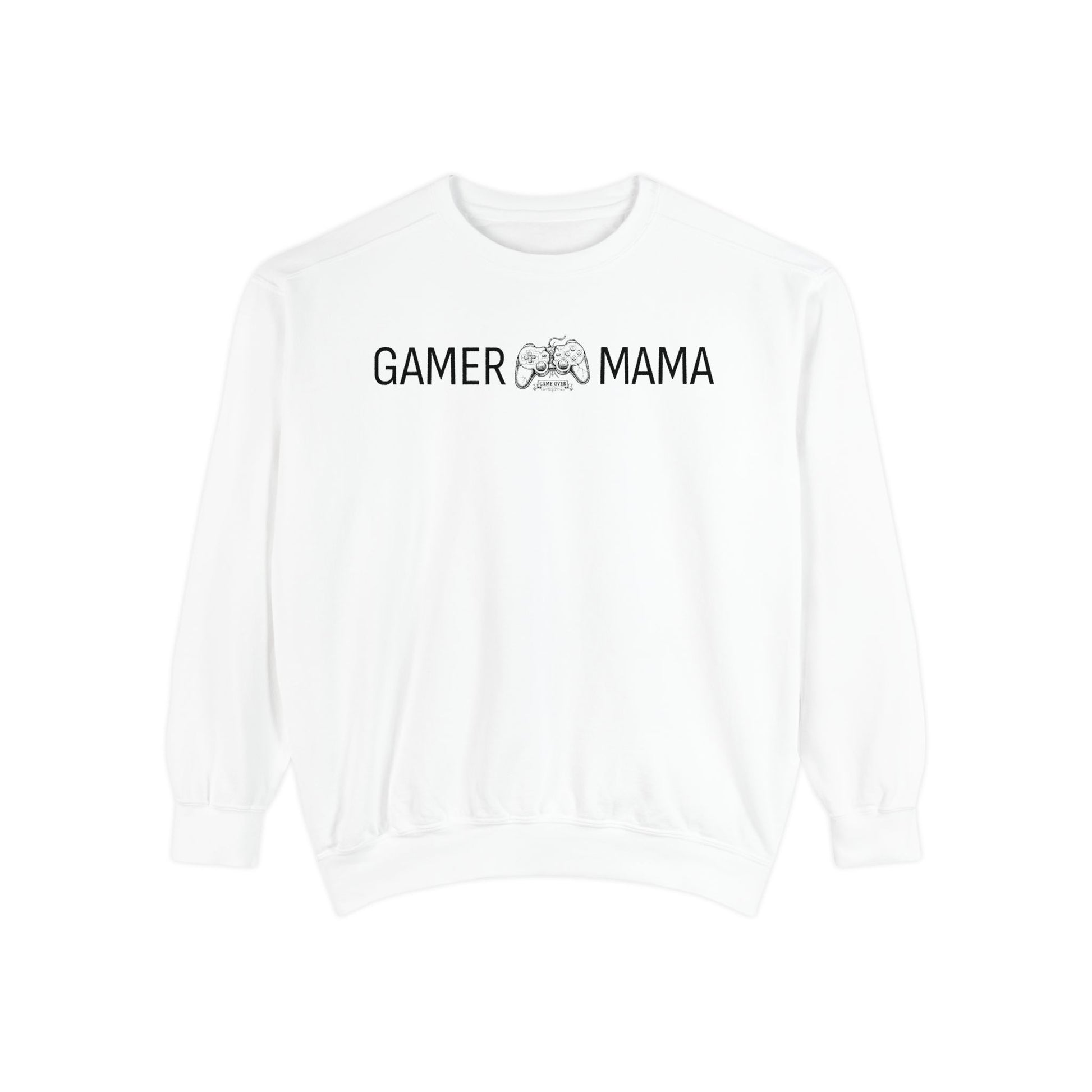 White sweatshirt with 'Gamer Mama' text on a white background