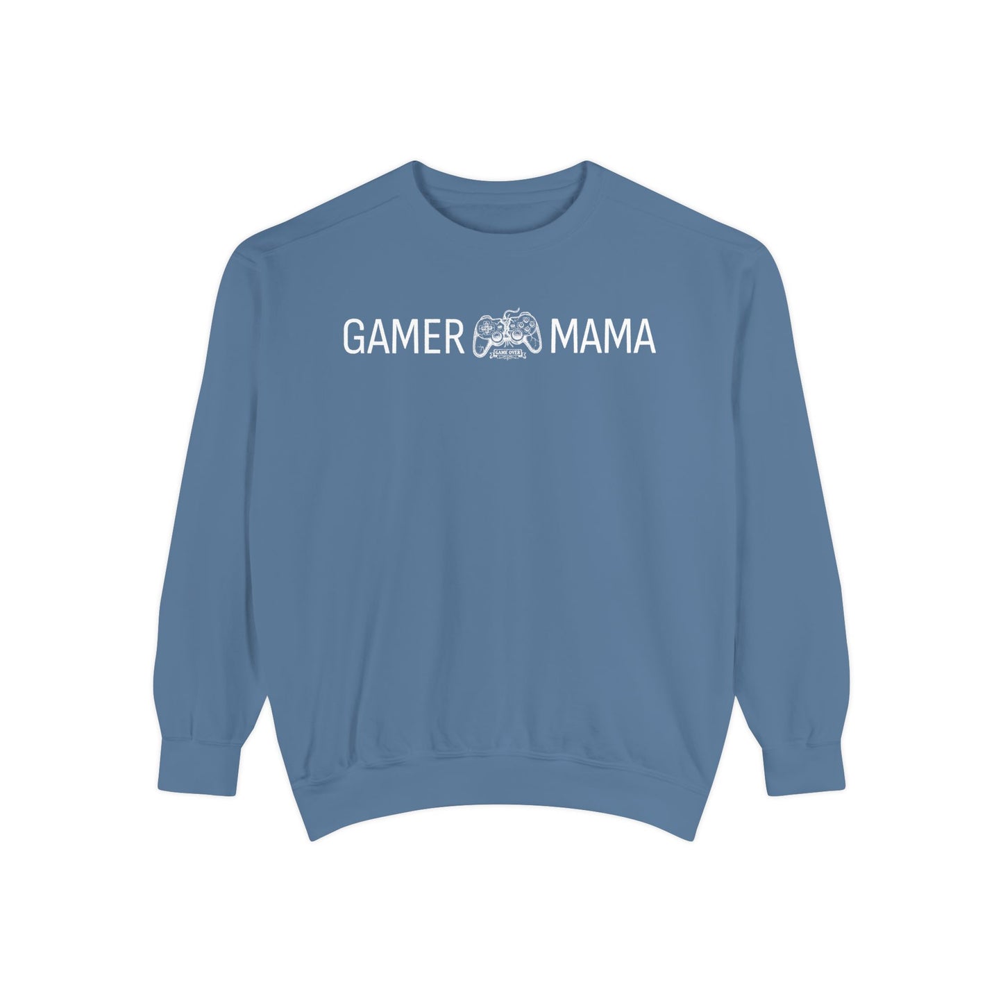 Blue sweatshirt with 'Gamer Mama' text on a white background