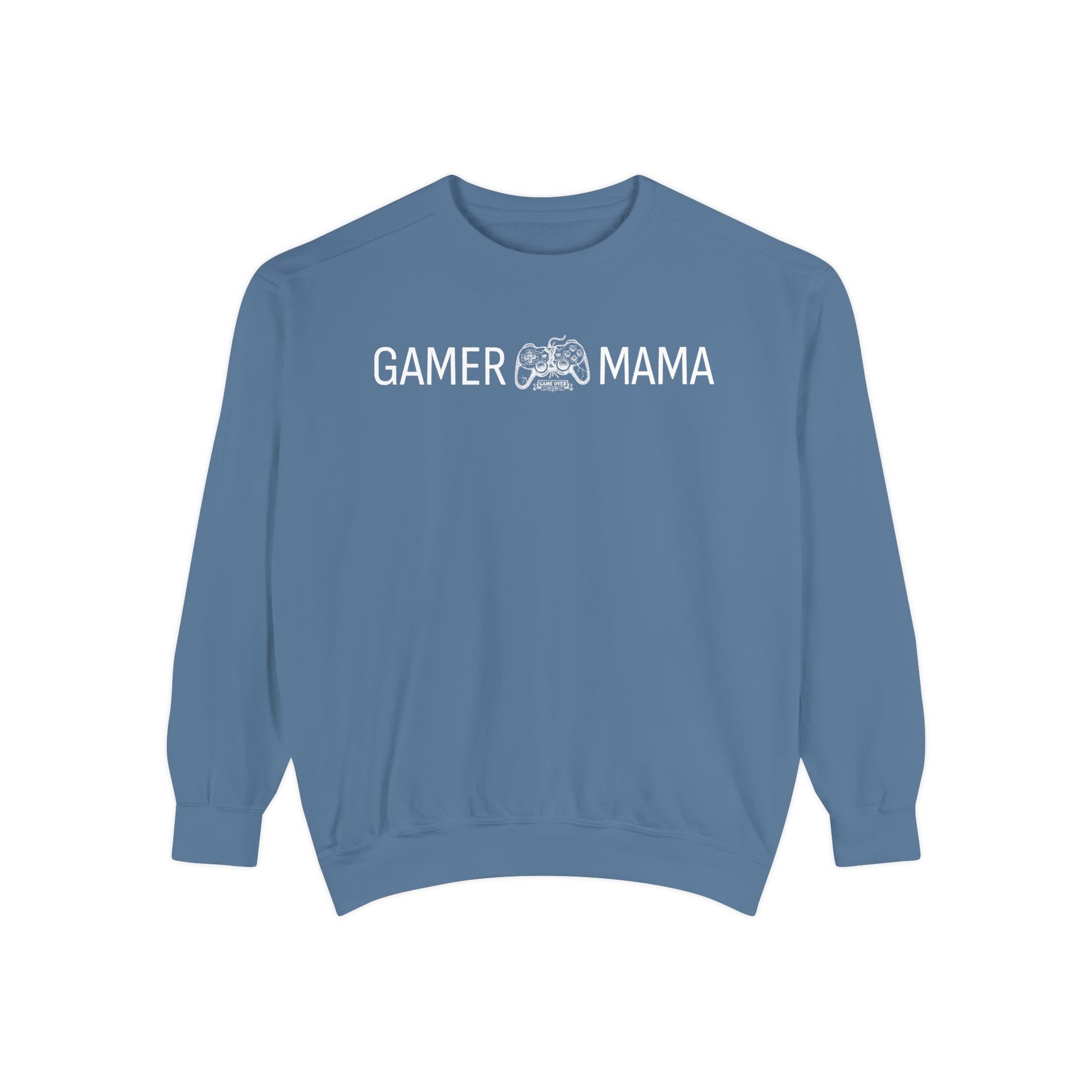 Blue sweatshirt with 'Gamer Mama' text on a white background