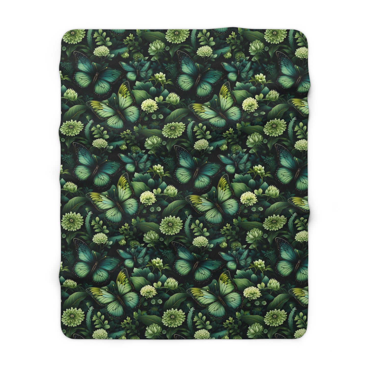 Green Sherpa Fleece Blanket Butterflies Flowery Pattern Design Cozy Throw