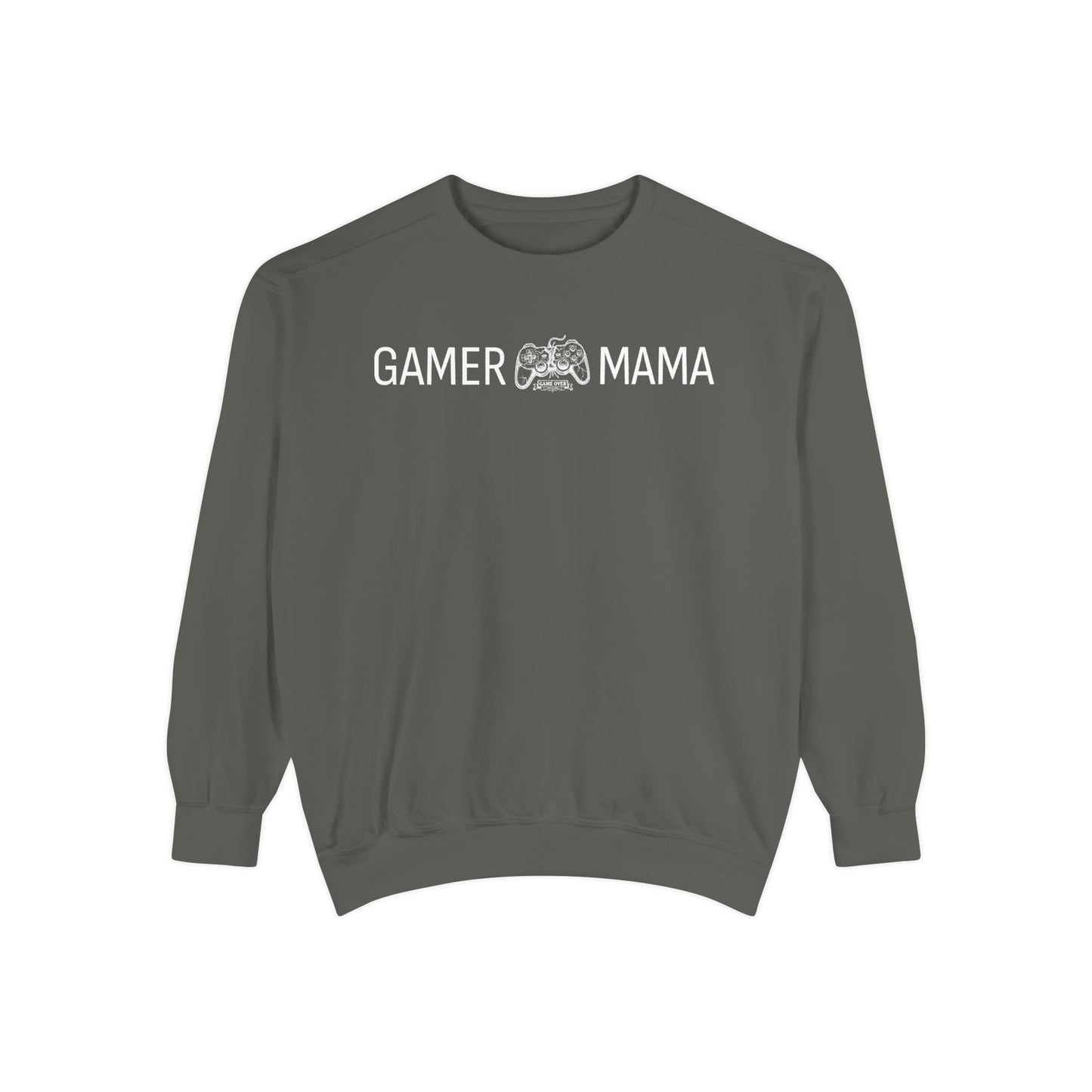 Gray sweatshirt with 'Gamer Mama' text on a white background