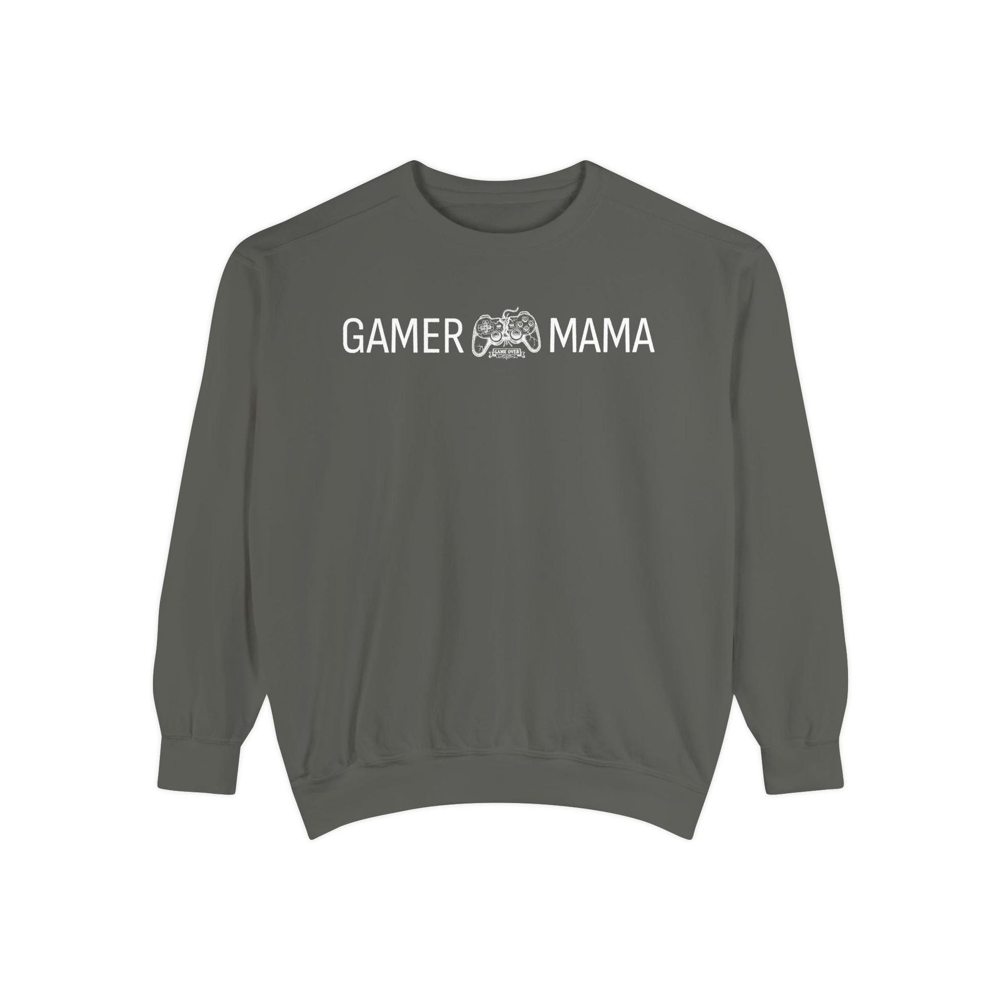 Gray sweatshirt with 'Gamer Mama' text on a white background