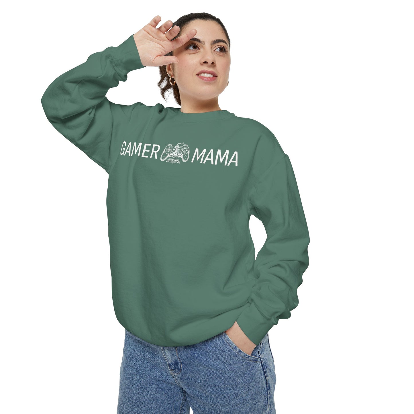 Person wearing a green sweatshirt with a logo on a white background