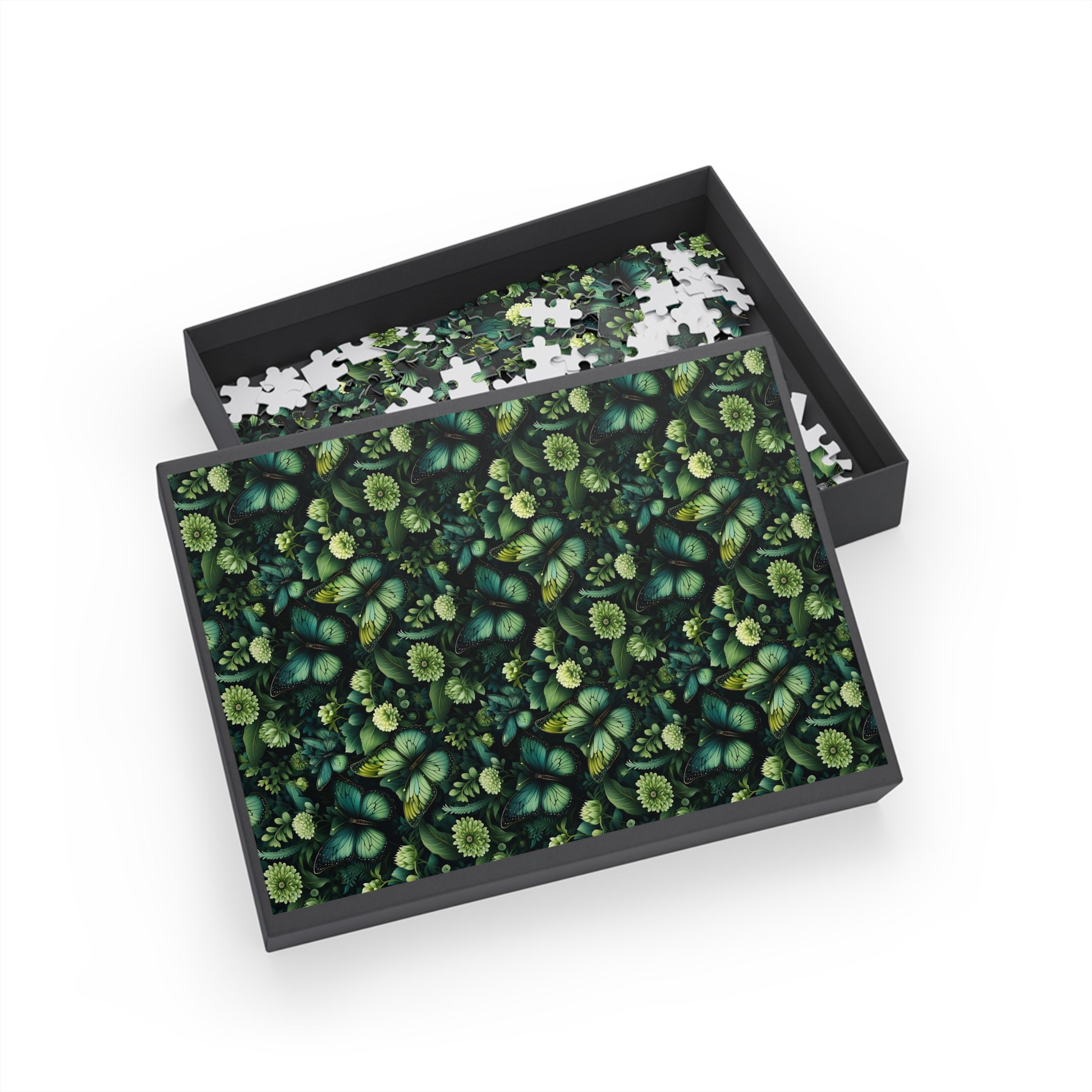 Jigsaw puzzle with green floral design in a black box on a white background