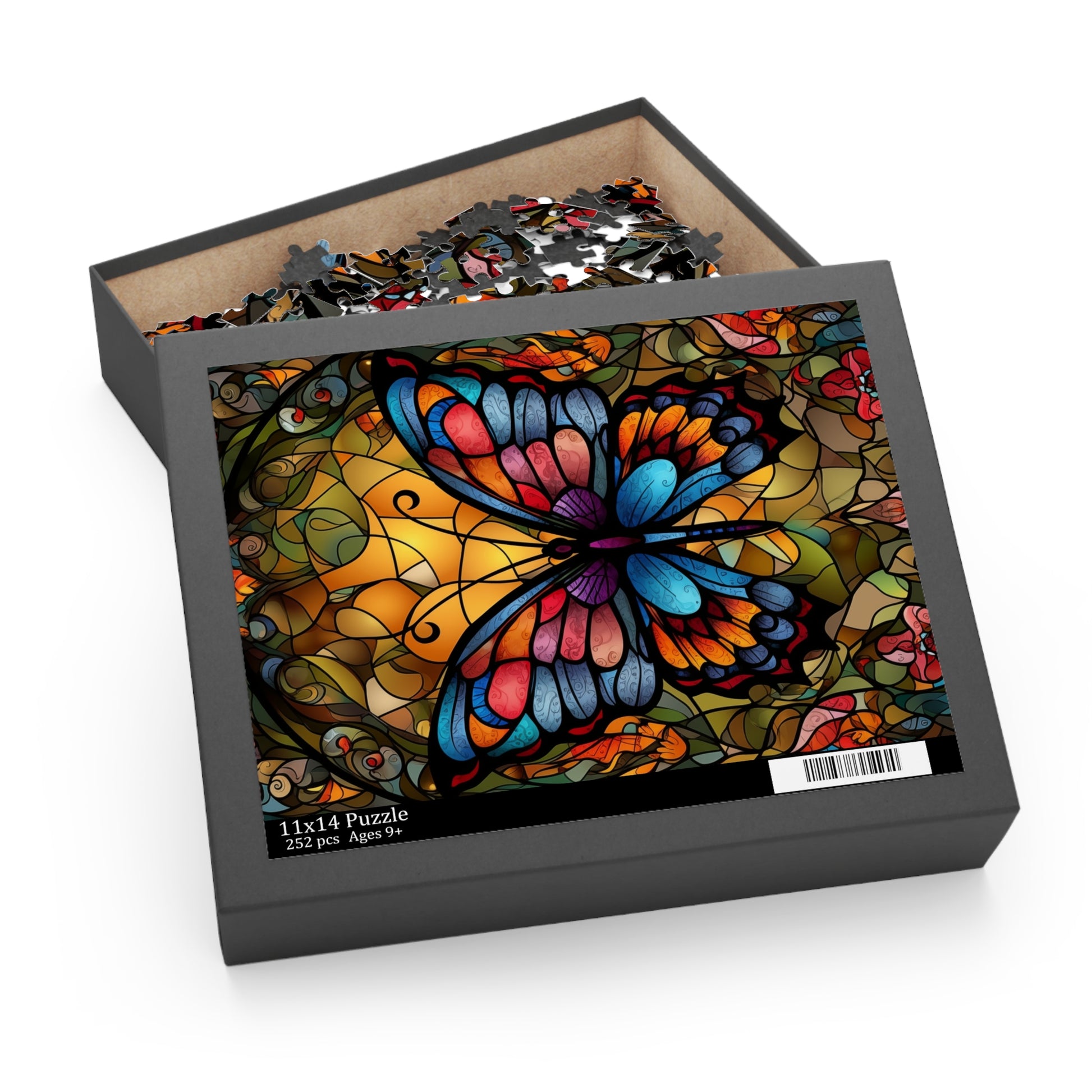 Jigsaw puzzle box with a colorful butterfly stained glass effect design on a white background