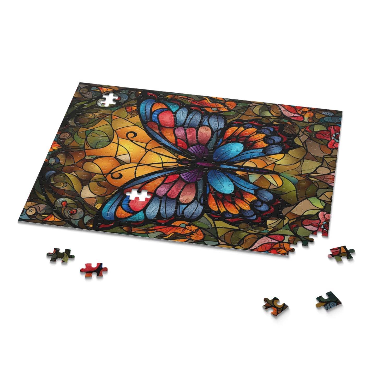 Colorful butterfly-themed puzzle with missing pieces on a white background