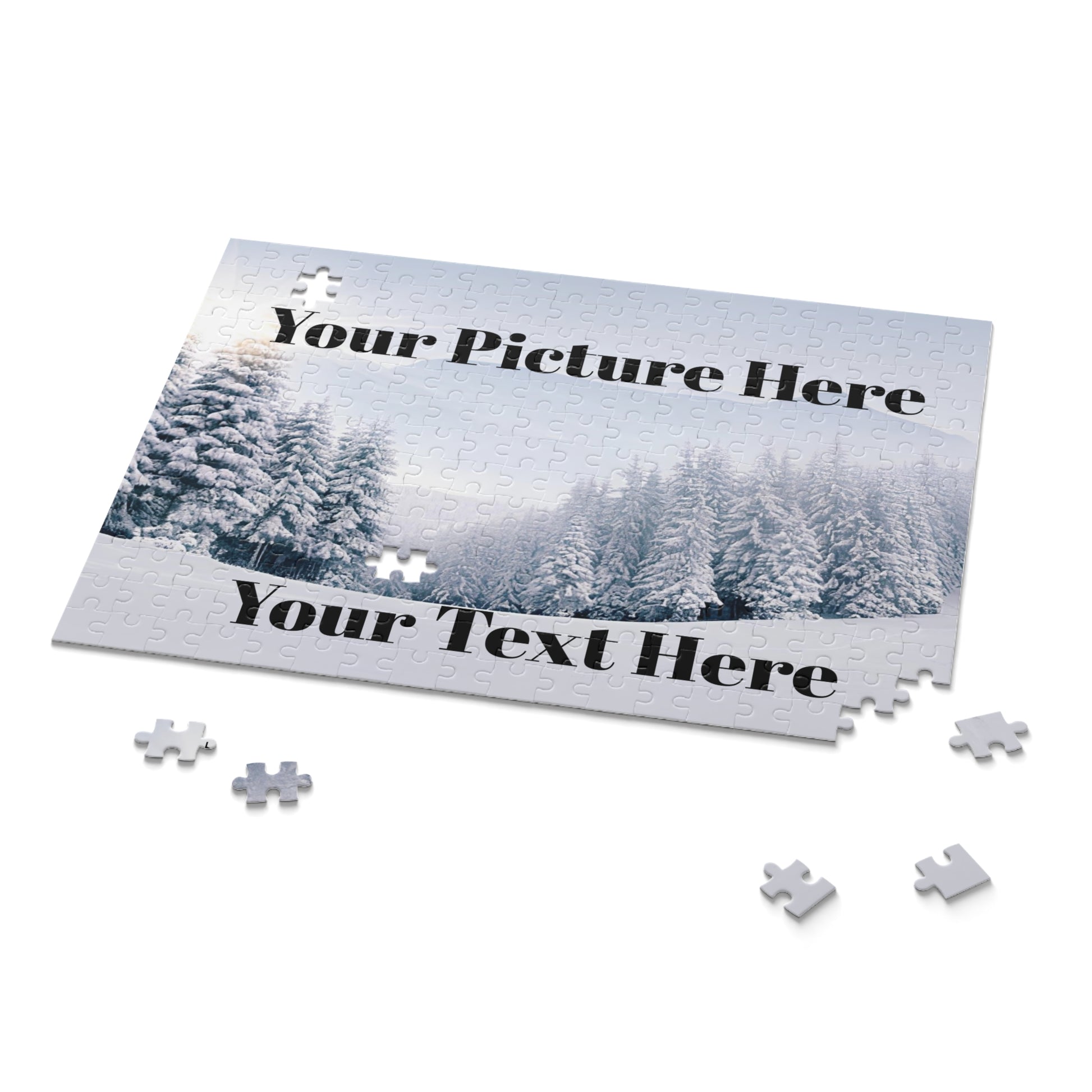 Personalized puzzle with a snowy landscape design and text placeholder on a white background.