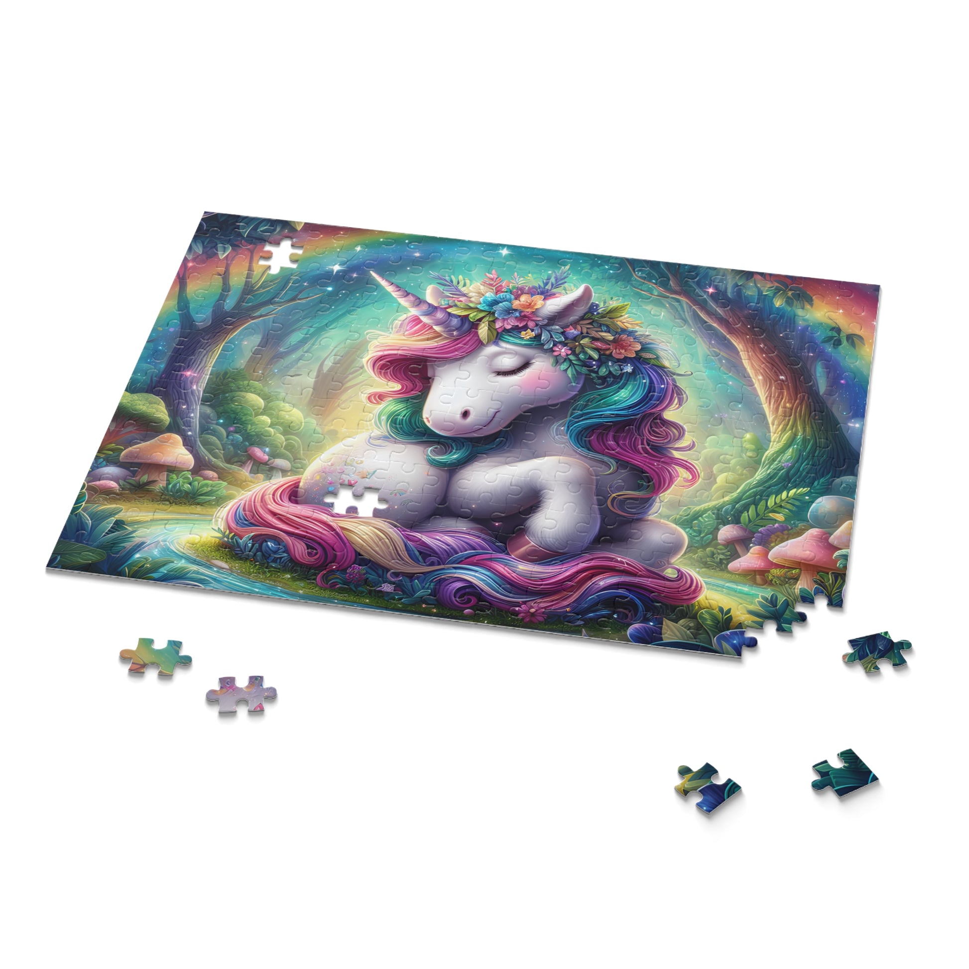 Colorful unicorn puzzle with missing pieces on a white background