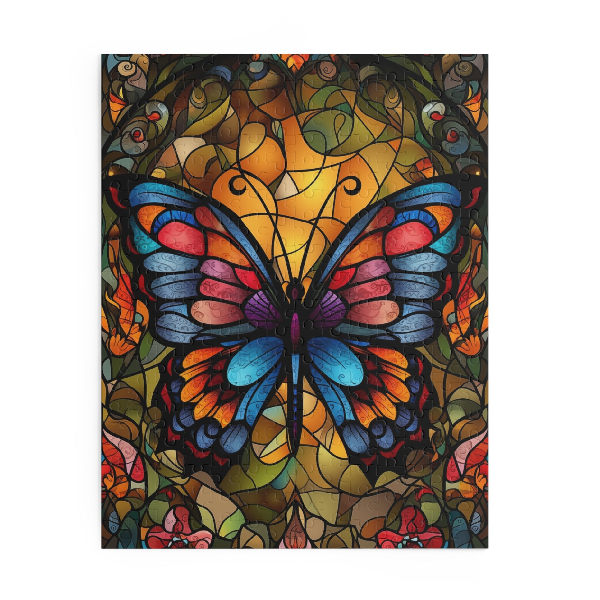 Colorful butterfly design on a stained glass style background