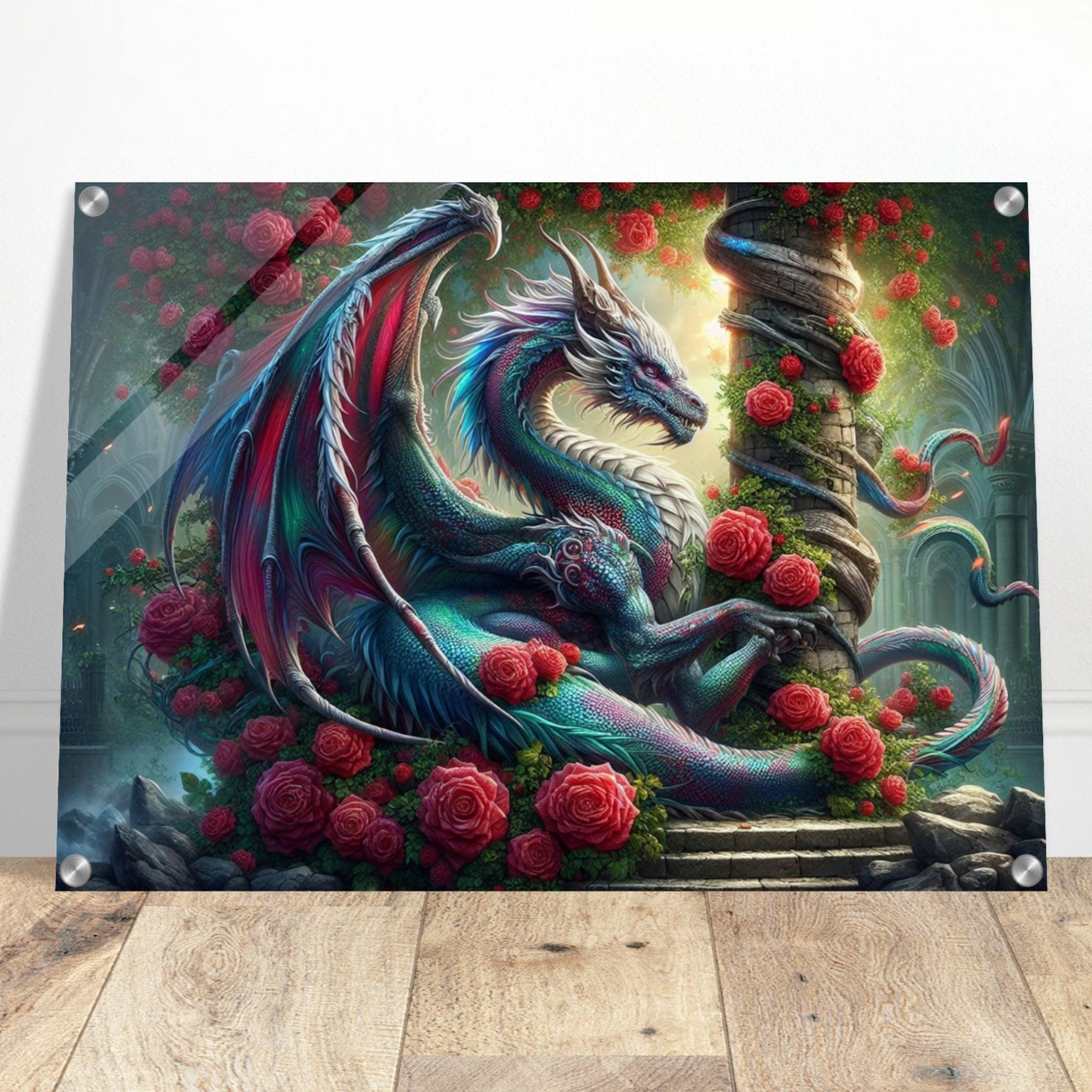 Dragon with Red Roses / Glossy Acrylic Wall Art