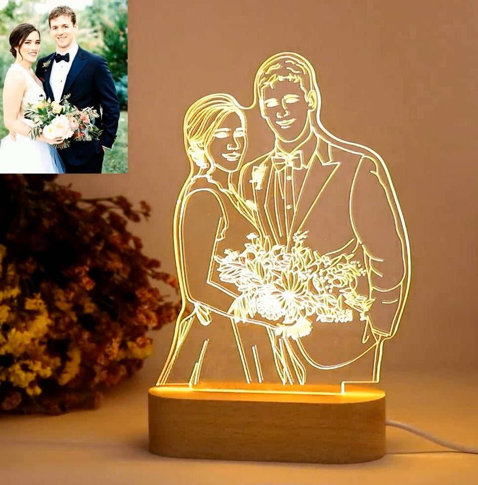 Personalised Picture Night Light With Engraved Wooden Base / Any Shape 3D Acrylic