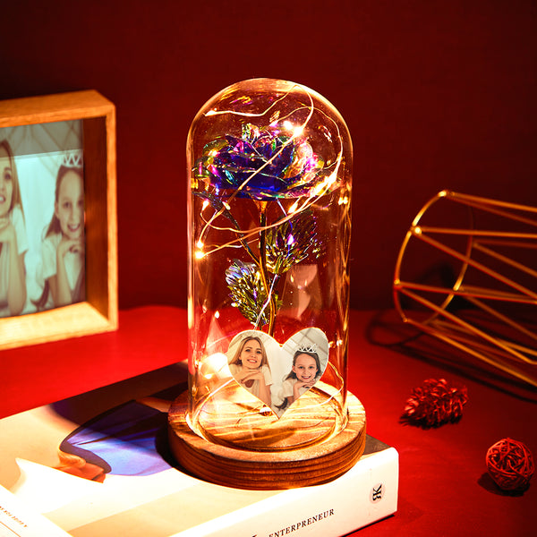 Personalised Heart Shaped Photo / Colorful Eternal Rose Flower LED Night Light / Forever Roses In Glass Dome