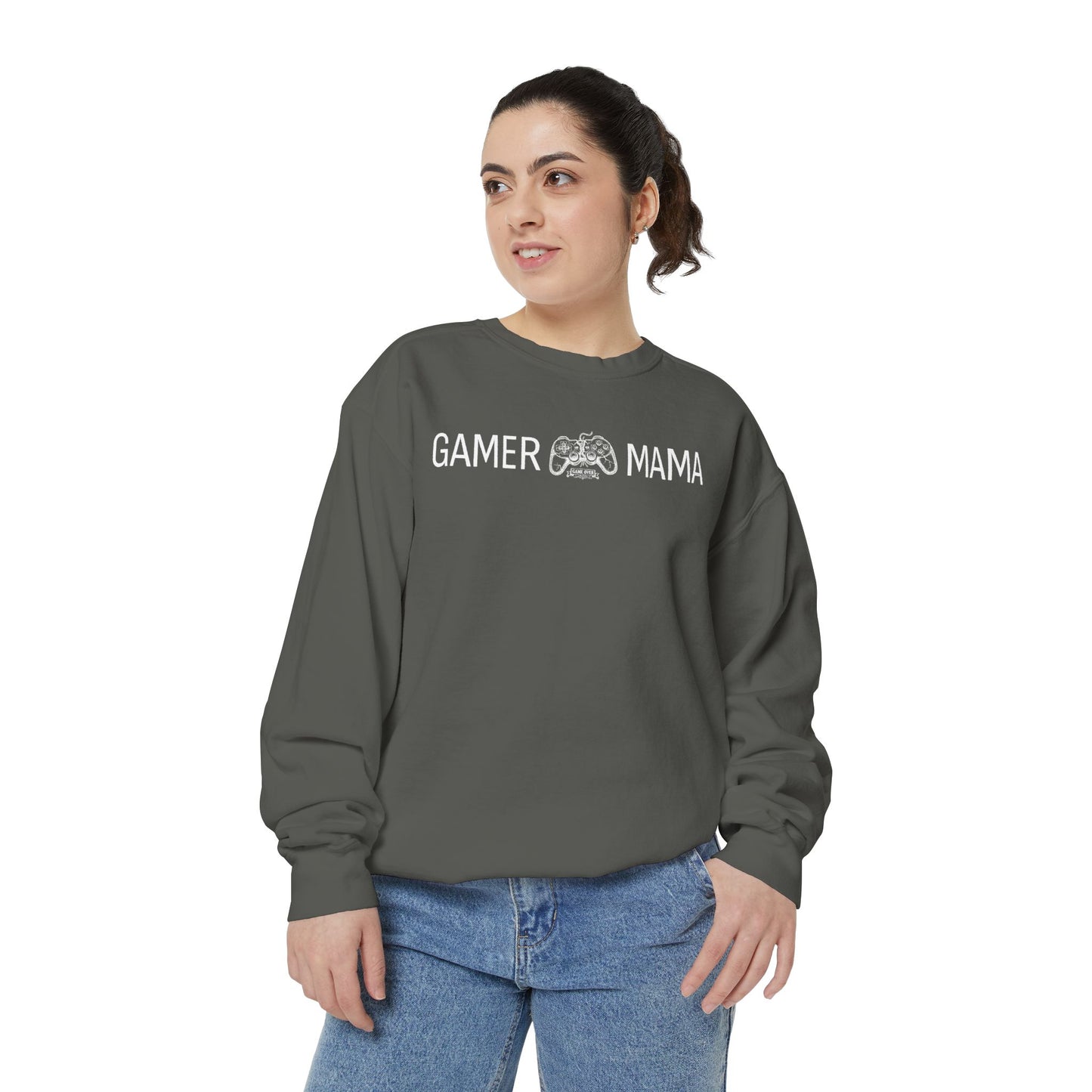Person wearing a gray sweatshirt with 'WOMEN & CRIME' text on a white background