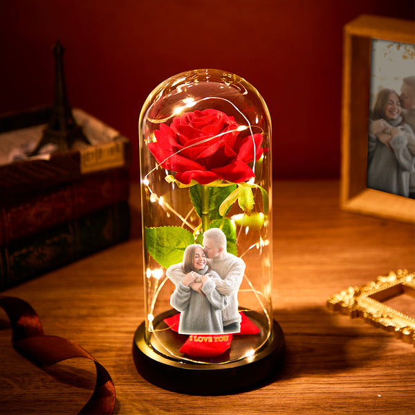 Personalised Photo and Text Led Night Light / Glass Cover with Eternal Red Rose Flower